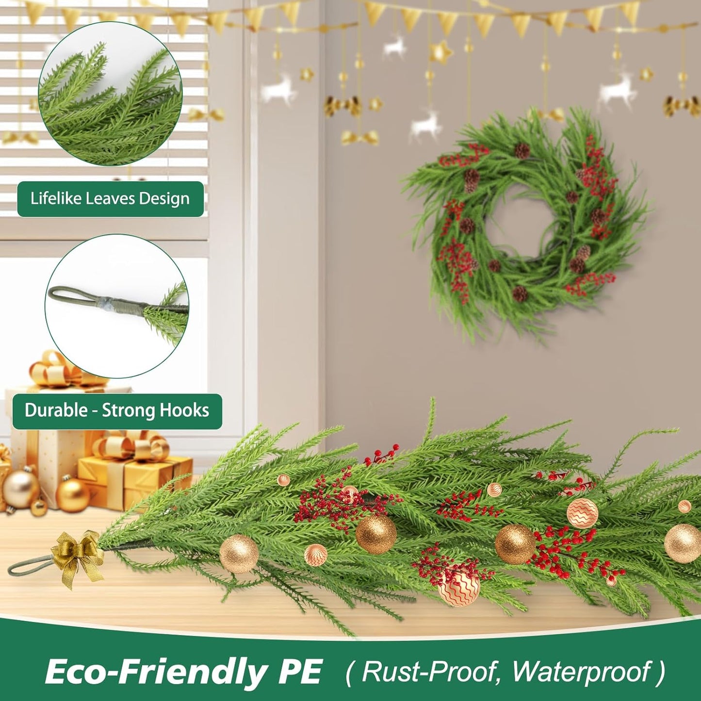 Norfolk Pine Garland - 9 Ft Realistic Faux Pine for Holiday Decor | Perfect for Mantle & Table