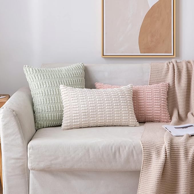 MIULEE Pack of 2 Corduroy Decorative Lumbar Throw Pillow Covers 22x14 Inch Soft Boho Striped Pillow Covers Modern Farmhouse Home Decor for Sofa Living Room Couch Bed Cream White