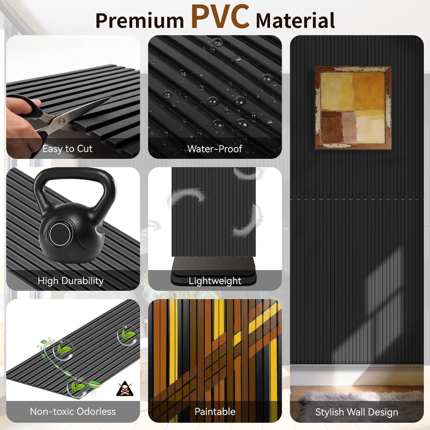 RITOLLO 8-Pack PVC Slat Wall Panels for Interior Wall Decor, 24x48in 3D Fluted Panels, 2x4 FT Cuttable Drop Ceiling Tiles for Bathroom, Studio and TV Background, Water-Proof & Renter-Friendly(Black)