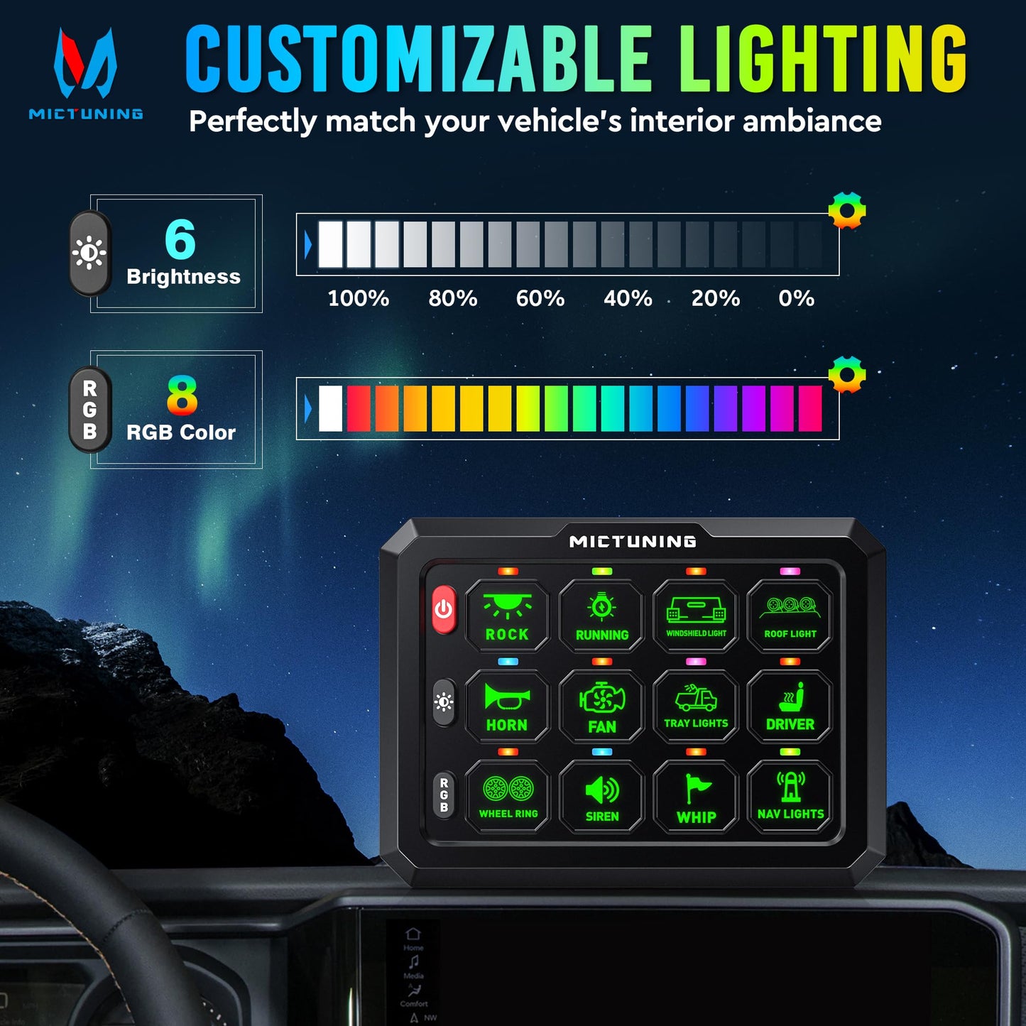 MICTUNING P1C+ RGB 12 Gang Switch Panel, IP67 Waterproof 6 Level Brightness Multifunction Toggle Momentary Flash Strobe Circuit Control Relay System Box for Off Road Truck SUV UTV RV