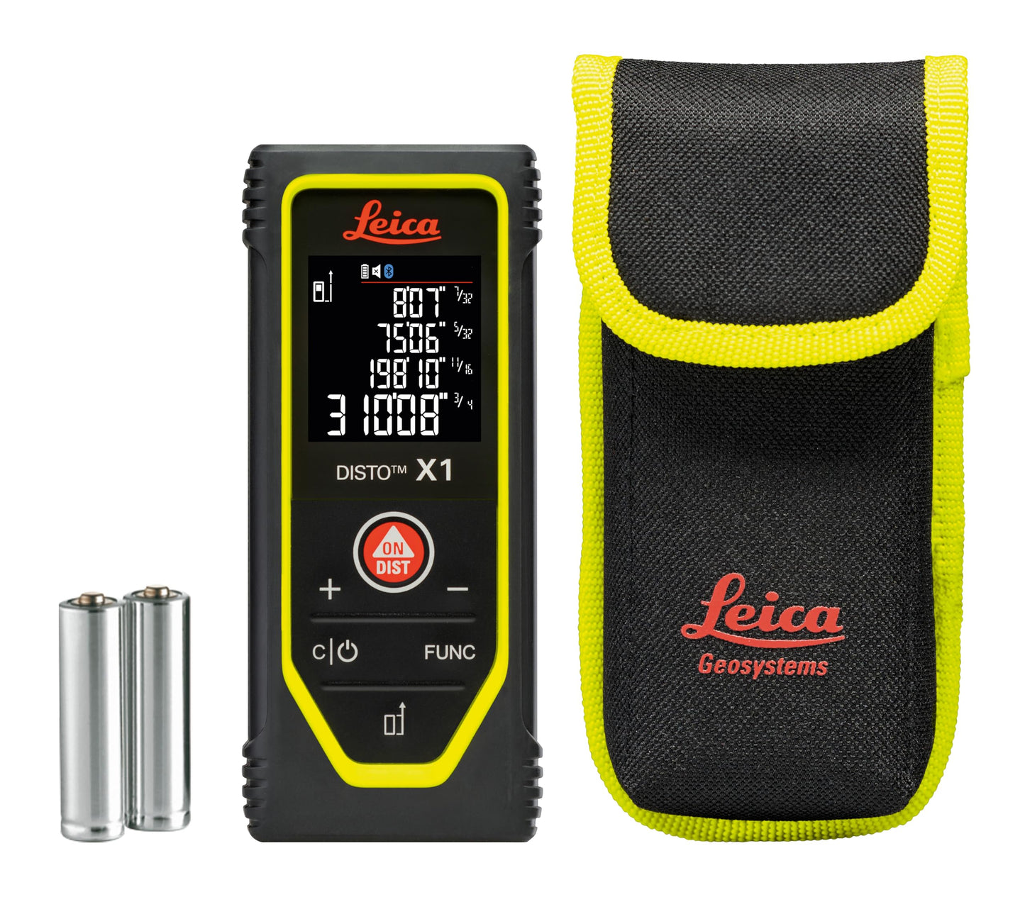 Leica Disto X1 - Range 330 ft, Bluetooth 4.2 and NFC Data Transfer, add and Subtract, Volume, 4-line Display, IP 65 dust and waterjet Protection and 6 ft Drop Tested, Hand Loop, Pouch.