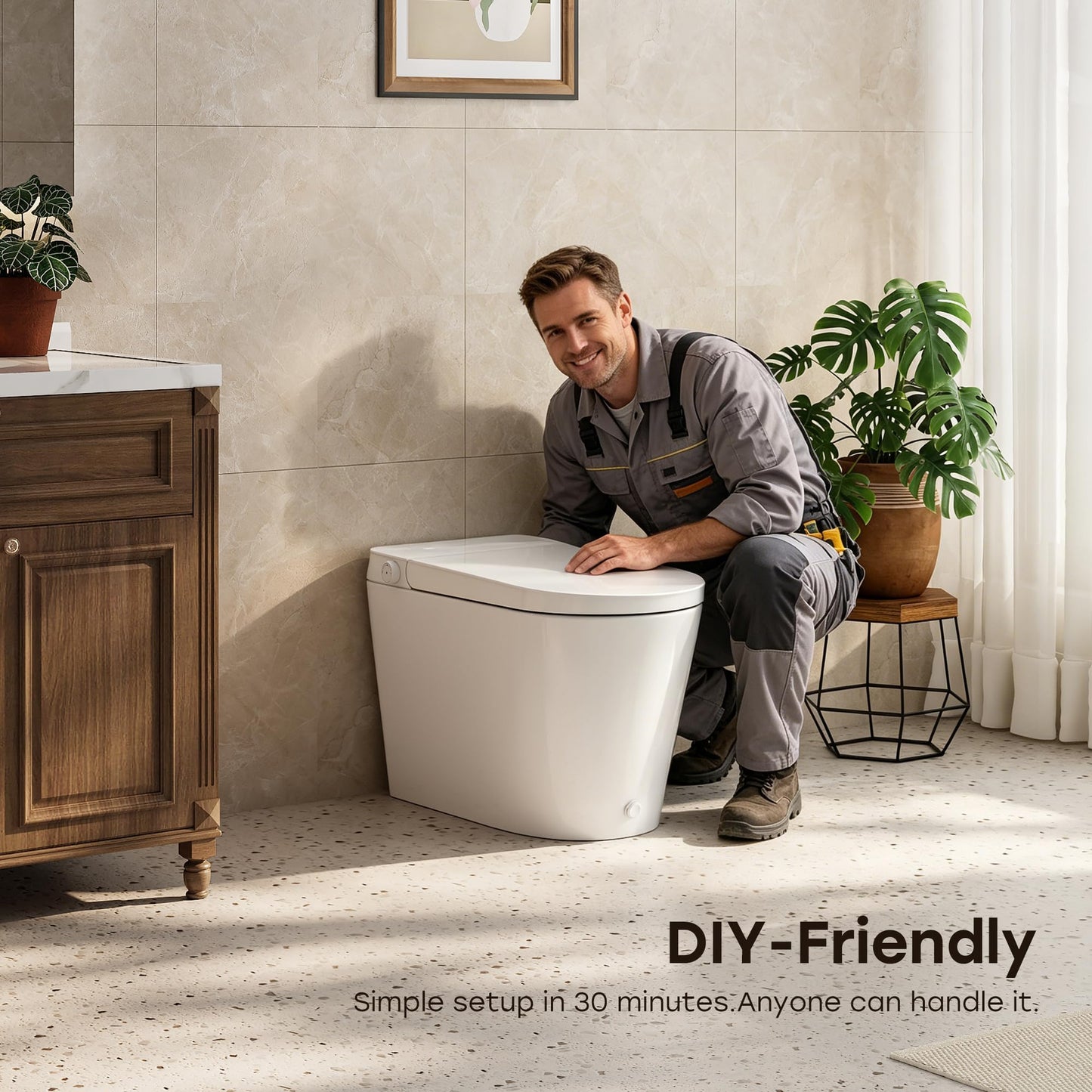 HOROW N30 Non-Electric Bidet Toilet with Auto Flush, No Outlet or Rewiring Needed, Battery Powered, Tankless One-Piece Elongated Toilet with Dual Nozzle Wash, ADA Chair Height, 1.22 GPF, 12" Rough-In