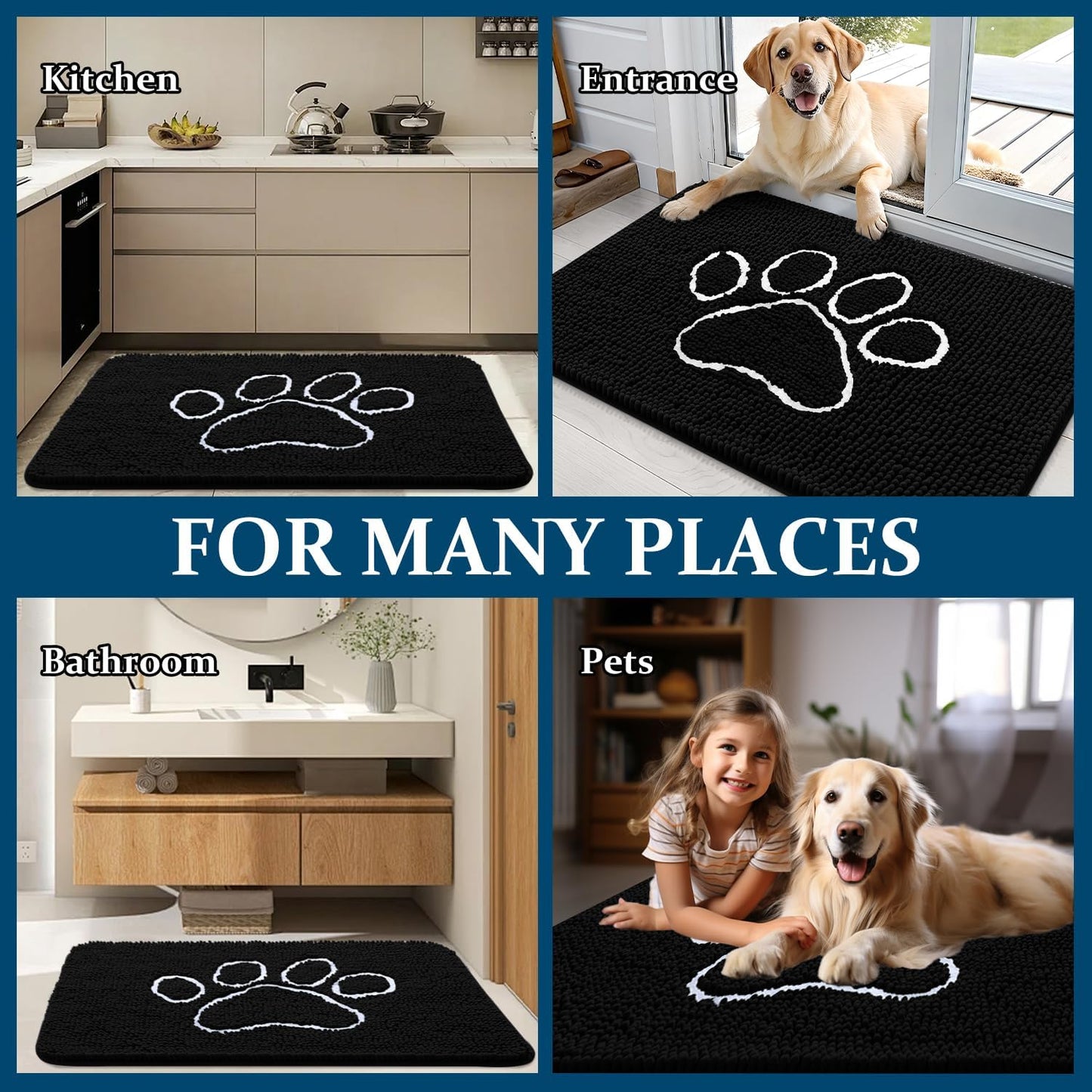OLANLY Dog Door Mat - Absorbent Non-Slip Mud Mat for Muddy Paws | 45x27 Inches, Black Paw Print Design