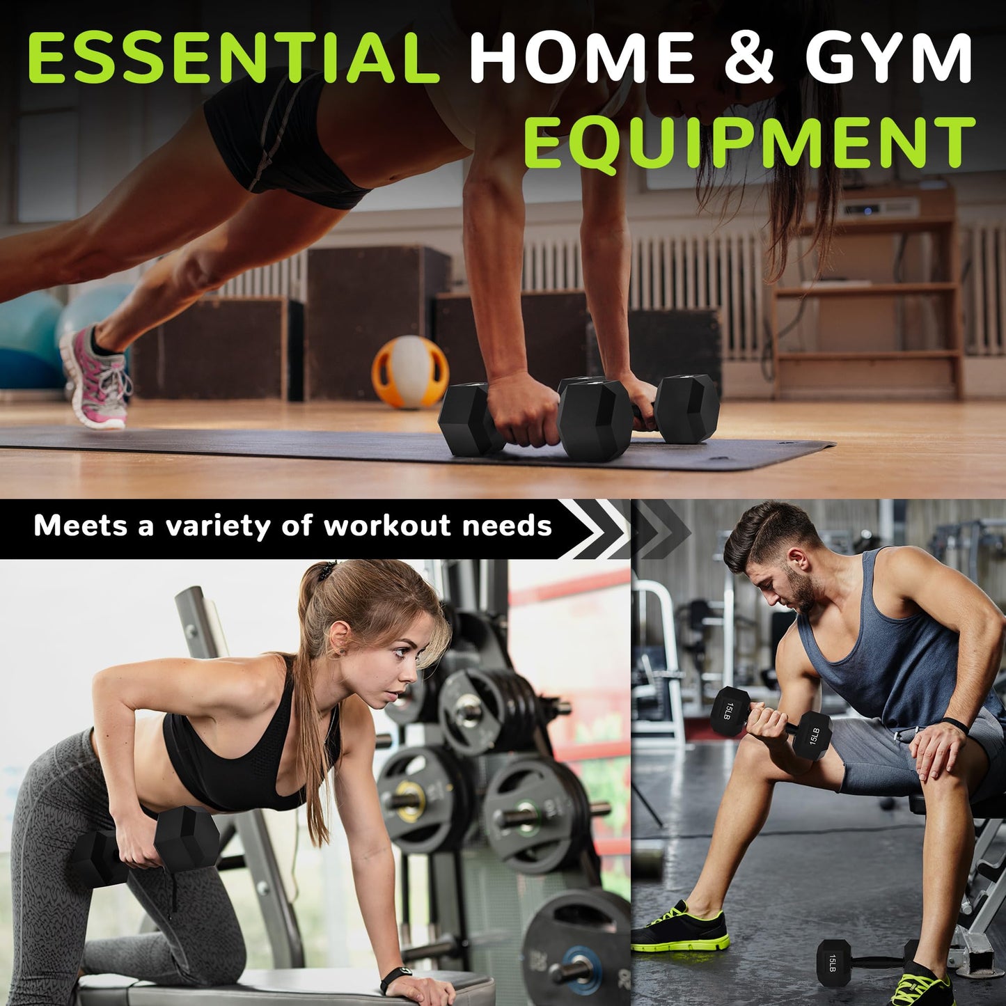 Fitvids Rubber Encased Exercise & Fitness Hex Dumbbell with Anti-Slip Metal Handle for Home Gym, 15 LB Pair