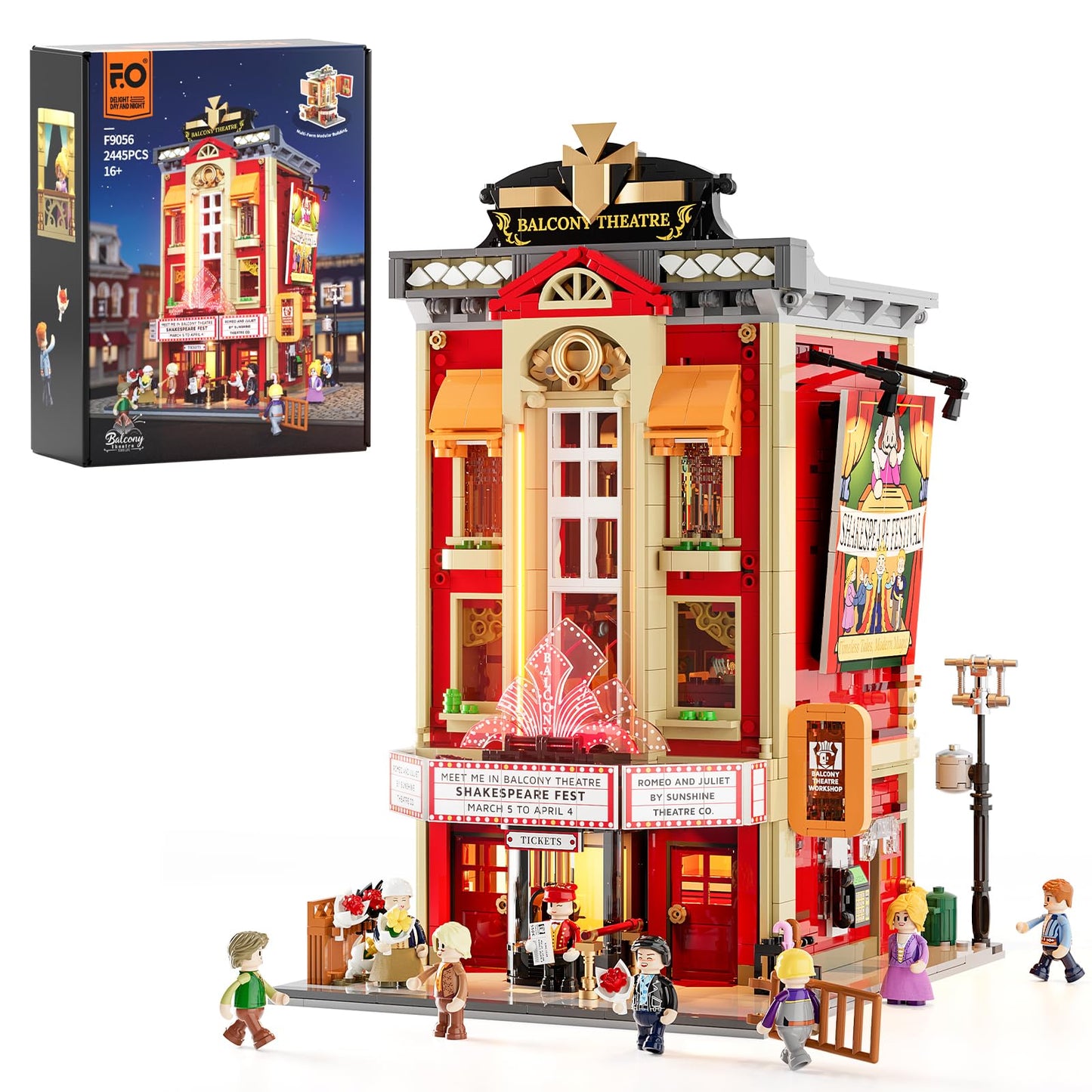 FUNWHOLE Balcony-Theatre Lighting Building-Bricks Set - City Town Creator House with LED Light Multi-Form Modular Collectible Display Kit 2445 Pcs for Adults and Movie Lovers