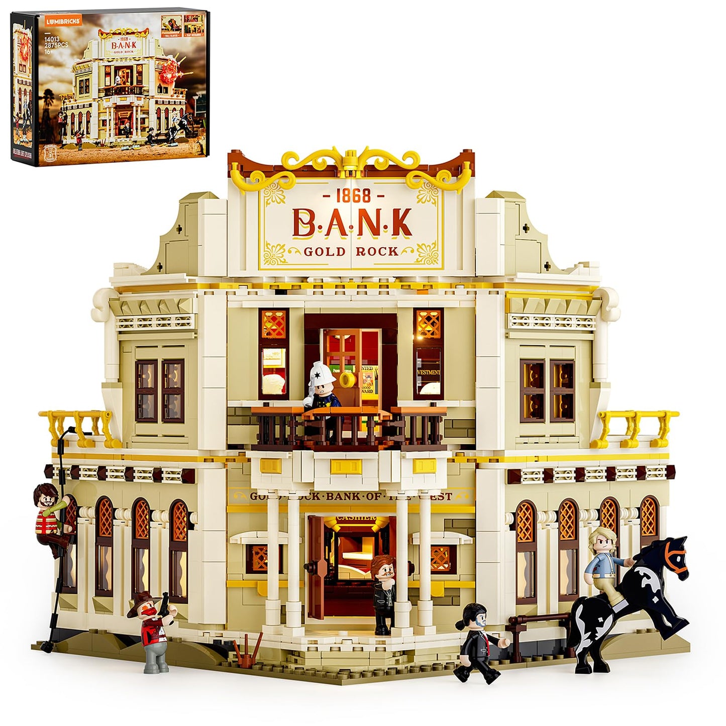 Lumibricks Western Bank Heist Lighting Building-Bricks Set - Wild West Outlaw Gold Heist 2875 Pcs Collection Display Set for West Lovers