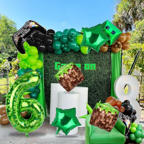 40 Inch Green Pixel Miner Number Foil Balloon Set 5Pcs Large Mylar Number Balloons for Boys Girls Pixel Cubes Video Game Birthday Party Decorations (6)