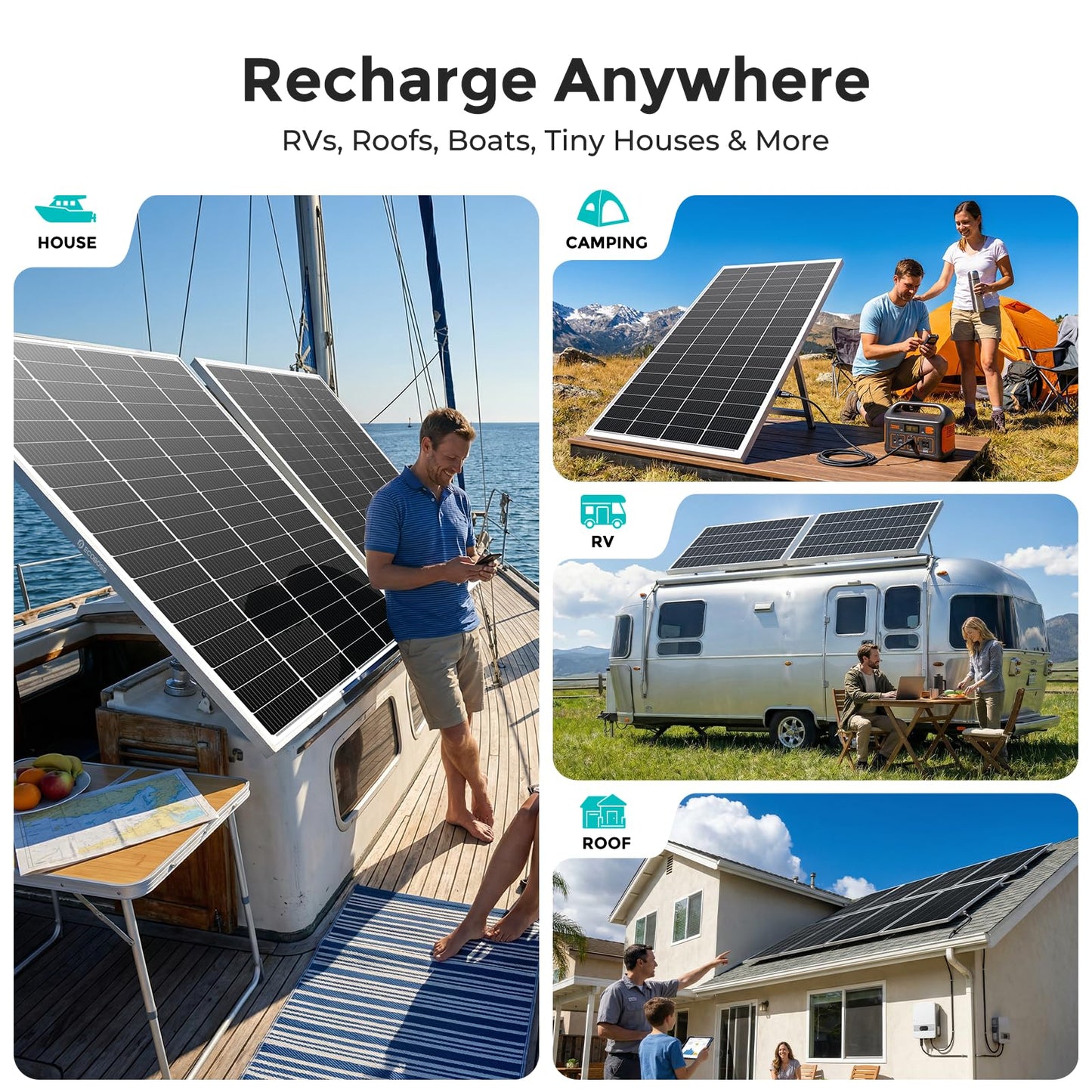 8000 Watt Solar Panels, 200W Solar Panel 4Pack, 12V 16BB N-Type Monocrystalline 25.6% High Efficiency, Grade A+ Cells IP68 Waterproof, for RV, Van, Marine, Rooftop, Farm Off-Grid Power Systems