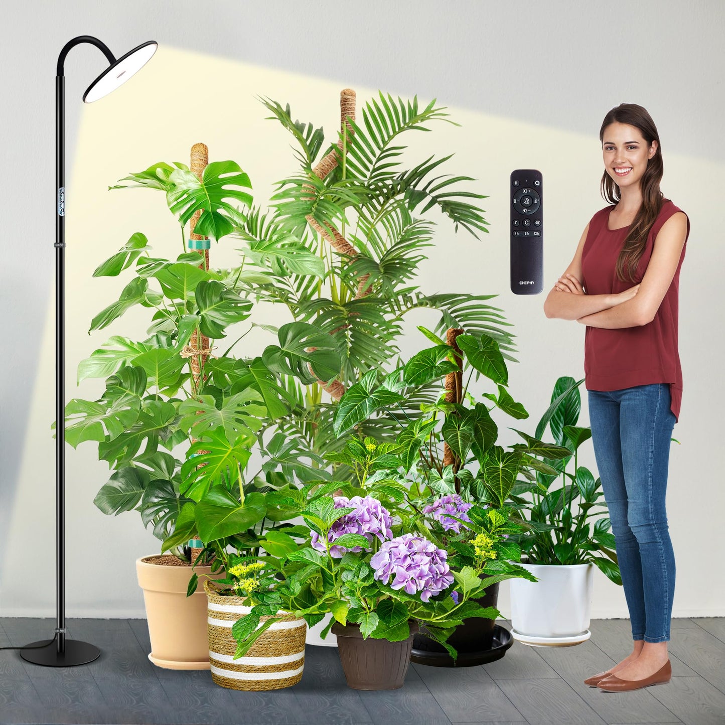 chiphy Grow Lamp, 60W Full Spectrum Grow Lights for Indoor Plants, 4/8/12H Timer, 2300K-6500K, 10 Dimmable Brigntness, 76'' Height Adjustable, Remote Control, Ideal for Tall Large Plants