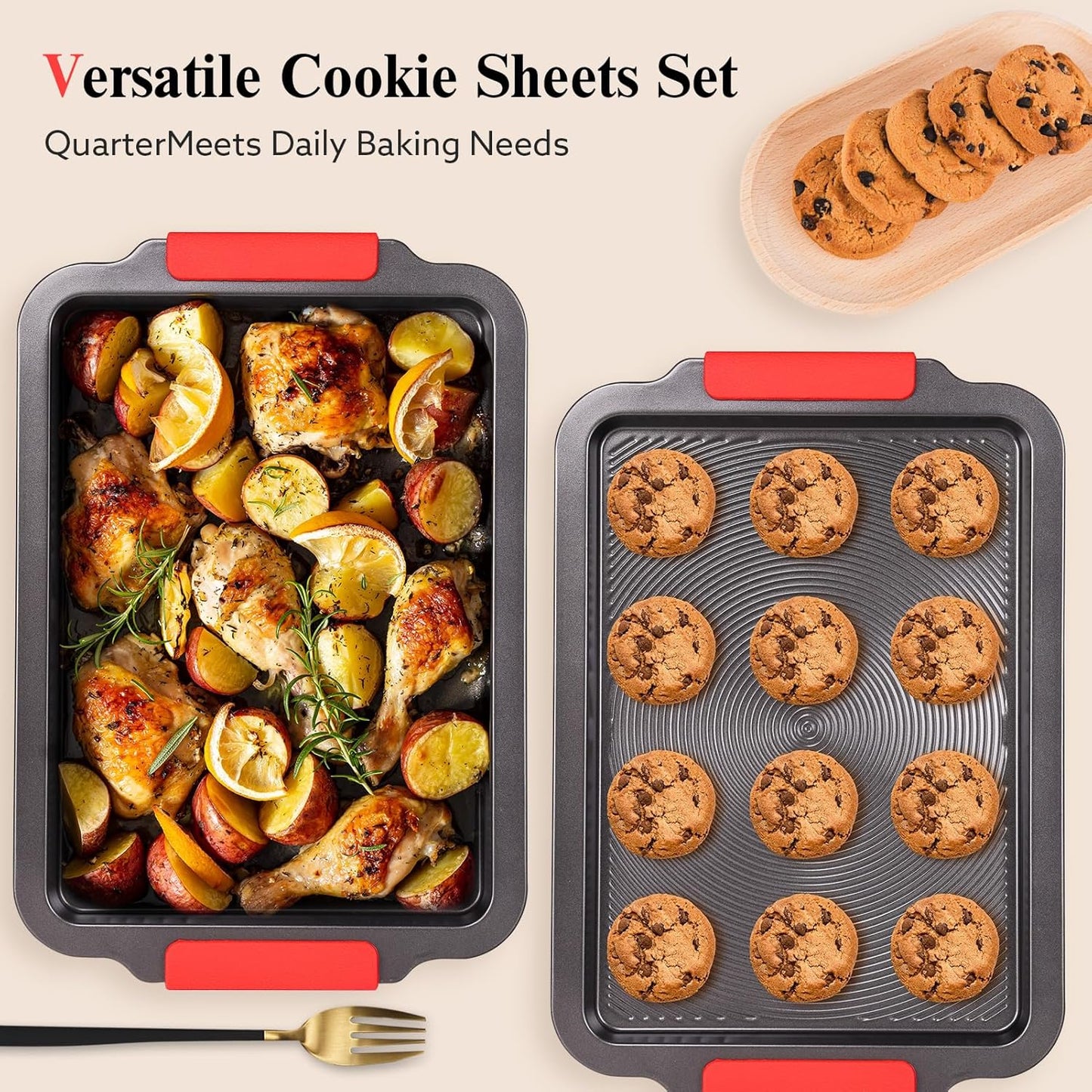 Skiennix Nonstick Baking Sheet - 16x11in Cookie Sheet with Circle Grooves & Red Grips | PFAS/PTFE Free, Gray