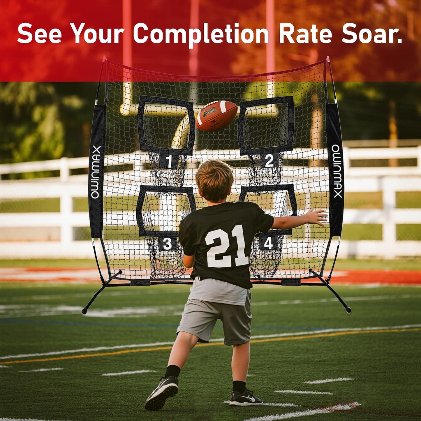 Owinmax 6x6 ft Football Trainer Throwing Net, Training Target Practice with 4 Targets, Includes Carry Bag and Ground Stake, Black and Red, Great for Kids and Youth