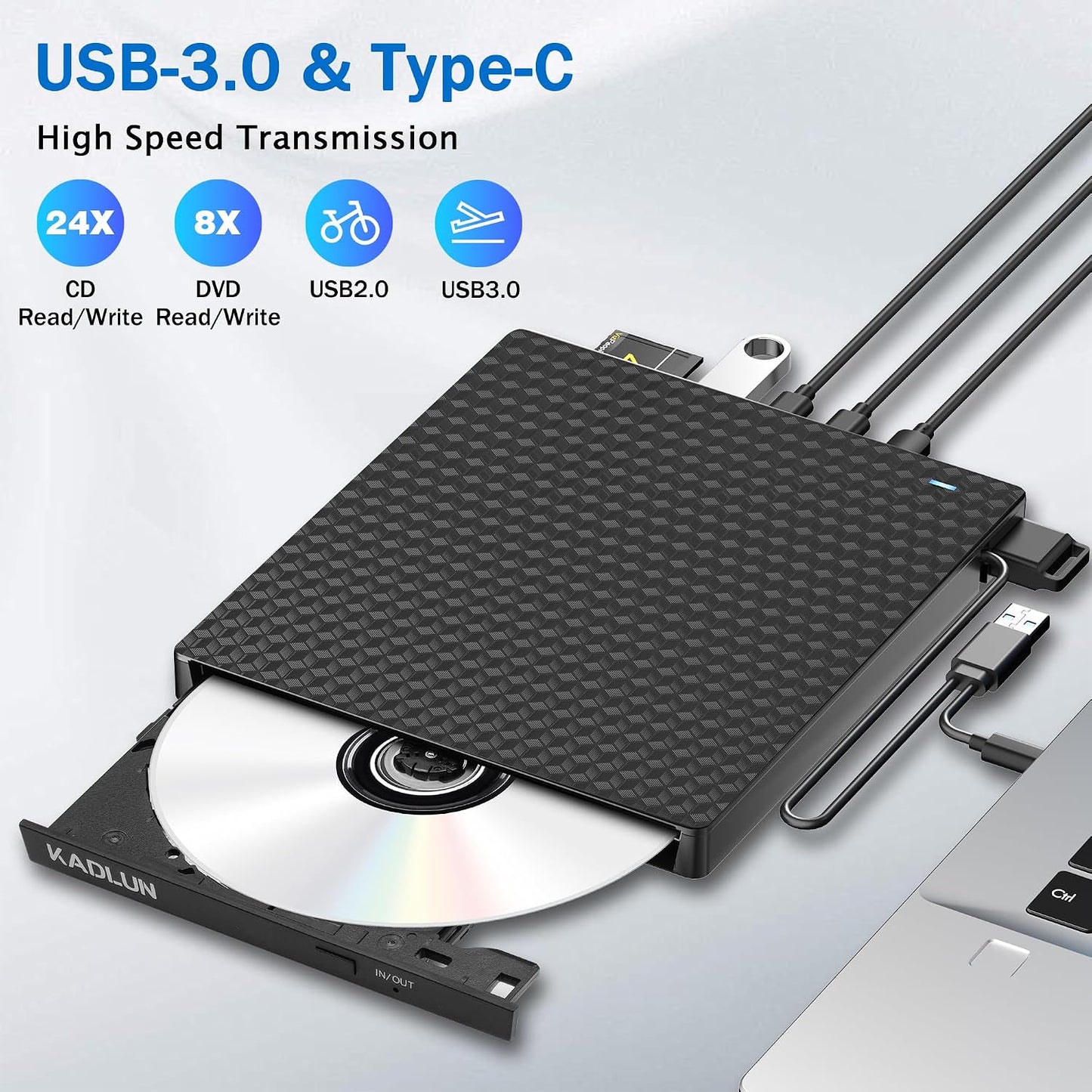 Kadlun 3.0 Drive,4 2 11/10/8/7/XP External CD DVD Drive for Laptop, USB Optical Disc USB Ports and TF/SD Card