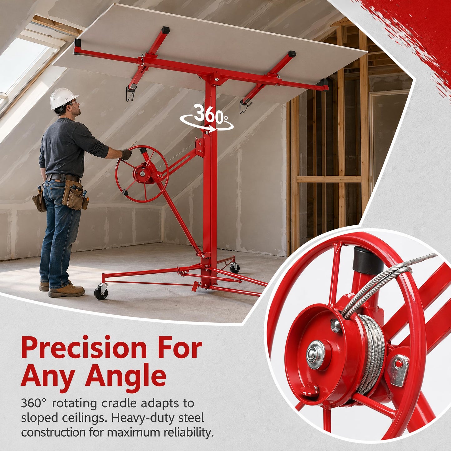 Winado 16 FT Drywall Lift Panel Rolling Hoist Jack Lifter Sheetrock, Drywall Lifting Construction Tools Caster Wheel with Adjustable Telescopic Arm, Red