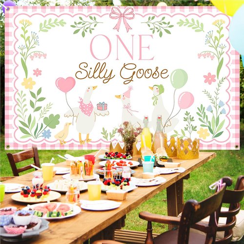 Avezano One Silly Goose Backdrop Banner for Kids Goose 1st Birthday Party Decoration Duck Farm Barnyard 1st First Birthday Party Supplies (Pink, 6x3.6ft)