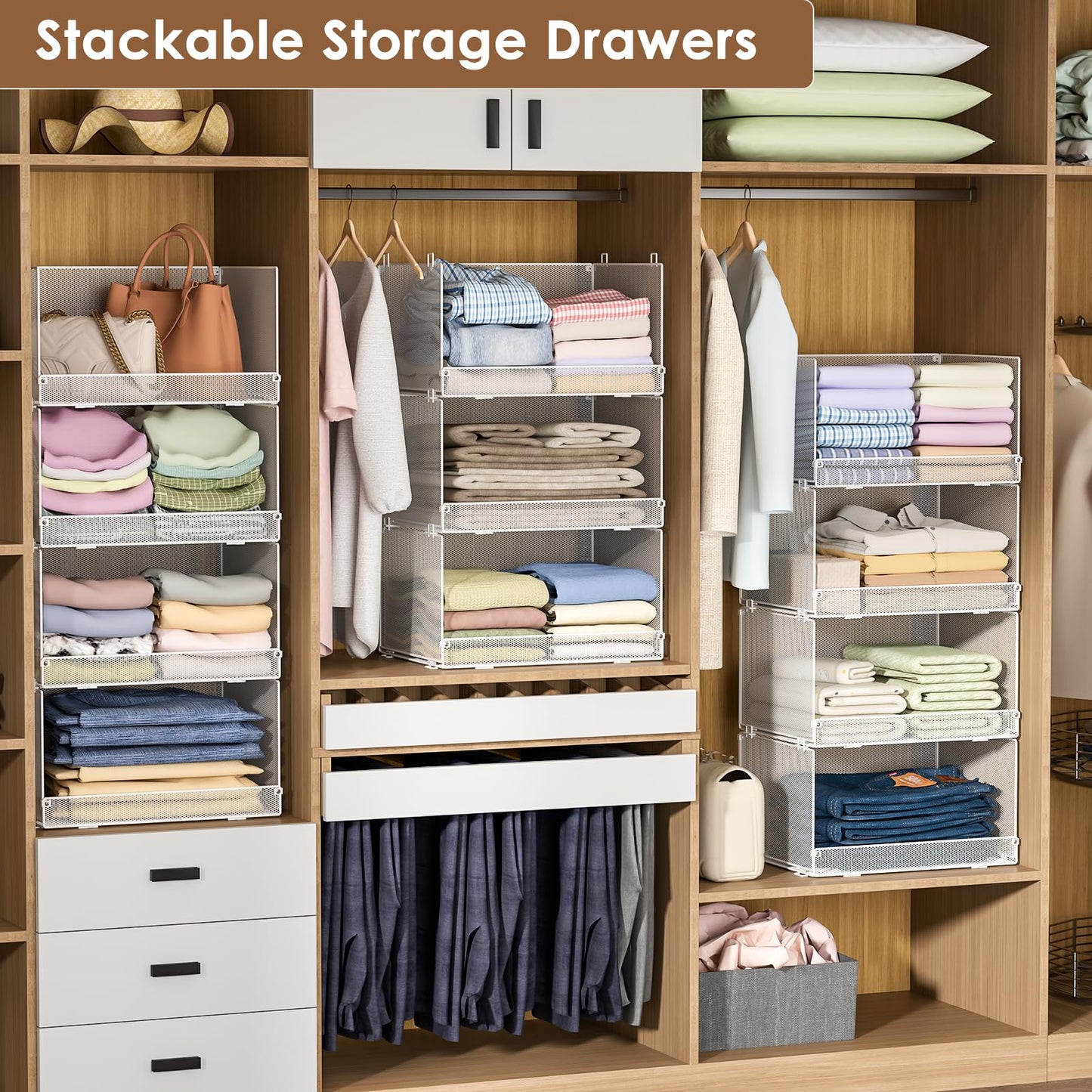 Tiaoheka 4-Tier Stackable Closet Organizers and Storage Shelves, Foldable Closet Shelf Organizer, Stackable Storage Bins Drawers for Closet Organizer System, White(Patent Pending)