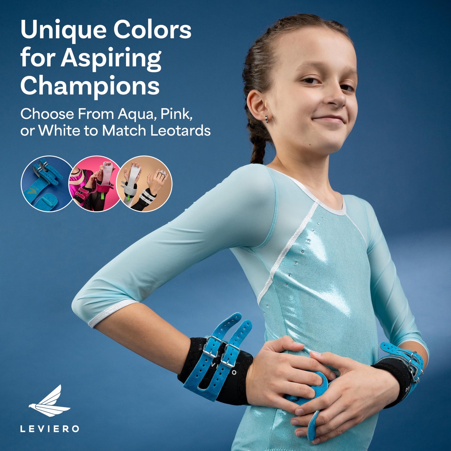 LEVIERO Gymnastics Grips Set Narrow Squeeze, Grips for Gymnastics Girls, Dowel Grips with Soft Leather, Double Buckle Wrist Closure, and Adjustable Finger Holes, for All Ages - (Aqua, 000)