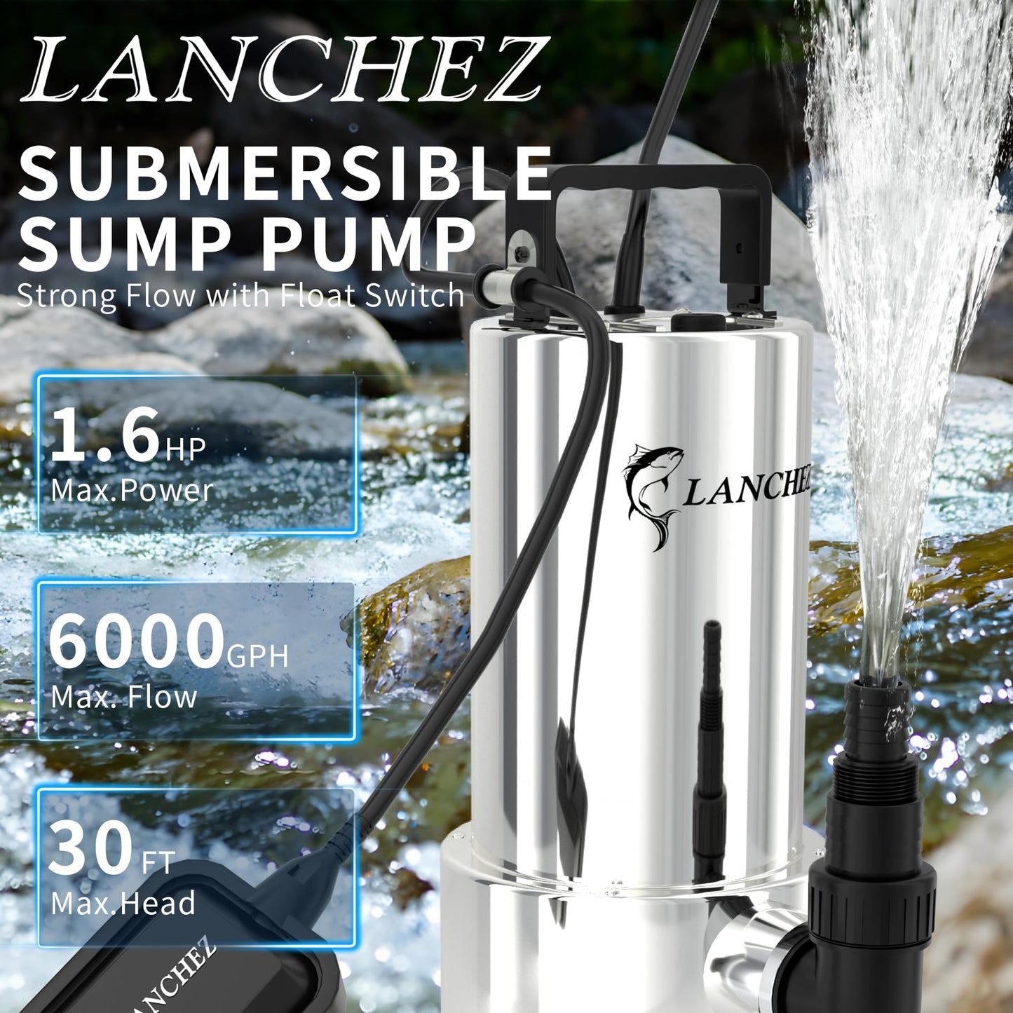 LANCHEZ 1.6HP 6000GPH Sump Pump, Stainless Steel High Flow Submersible Water Pump with Float Switch, Automatic Transfer Water Pump for Swimming Pool Basement Flooded Pit Sewage Sink Tub, Silver