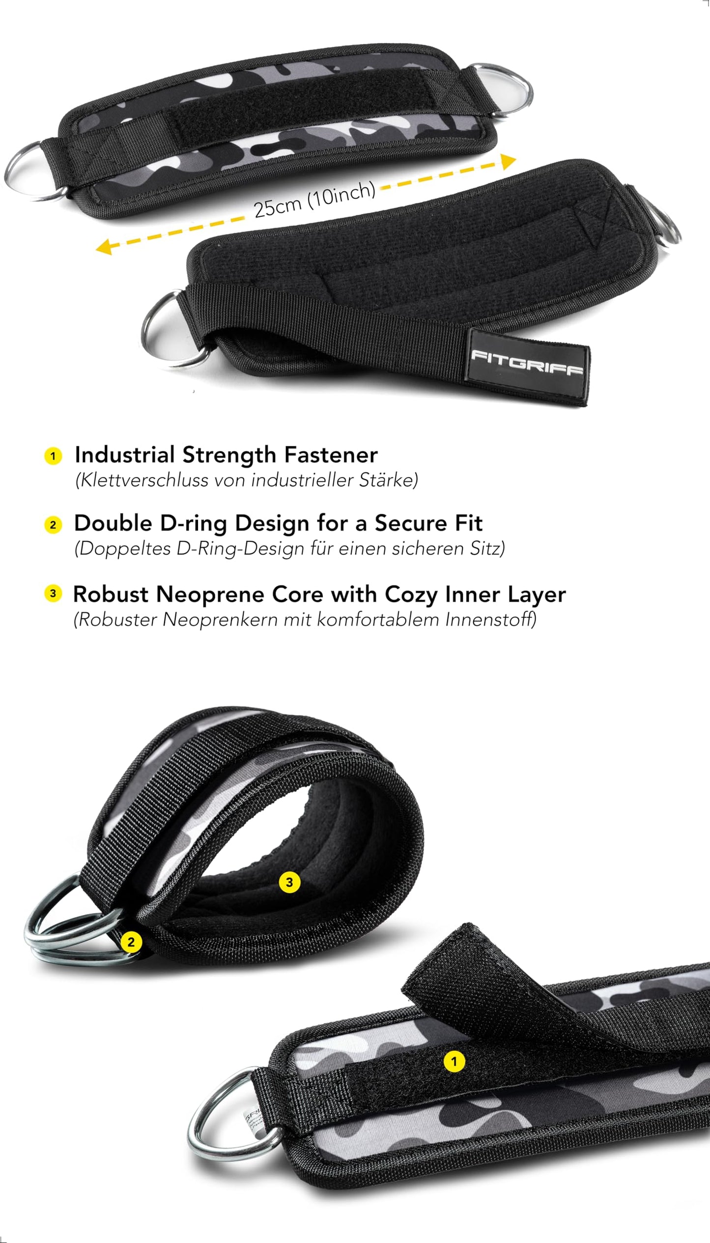 Fitgriff® Ankle Straps V1 for Cable Machine (2 Pieces) - Gym Workout Equipment - Leg Pulley Attachment, Kickback Straps (Ca­mo-Grey)