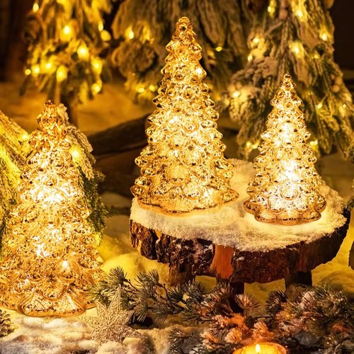 KI Store Lighted Glass Christmas Tree Figurine - Set of 3 Mercury Glass Decorations | Battery Operated with Timer