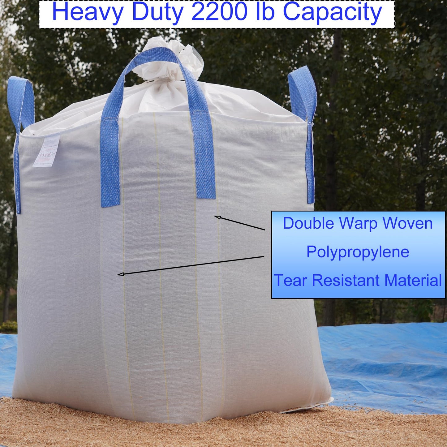 FIBC Bulk Bags 35x35x43 Inch, 2200 lbs. Capacity, 10 Pack, Double Warp Woven Polypropylene, Heavy Duty Ton Bags with Duffel Top & Flat Bottom, UV Resistant 4 Loops for Gravel, Grain, etc