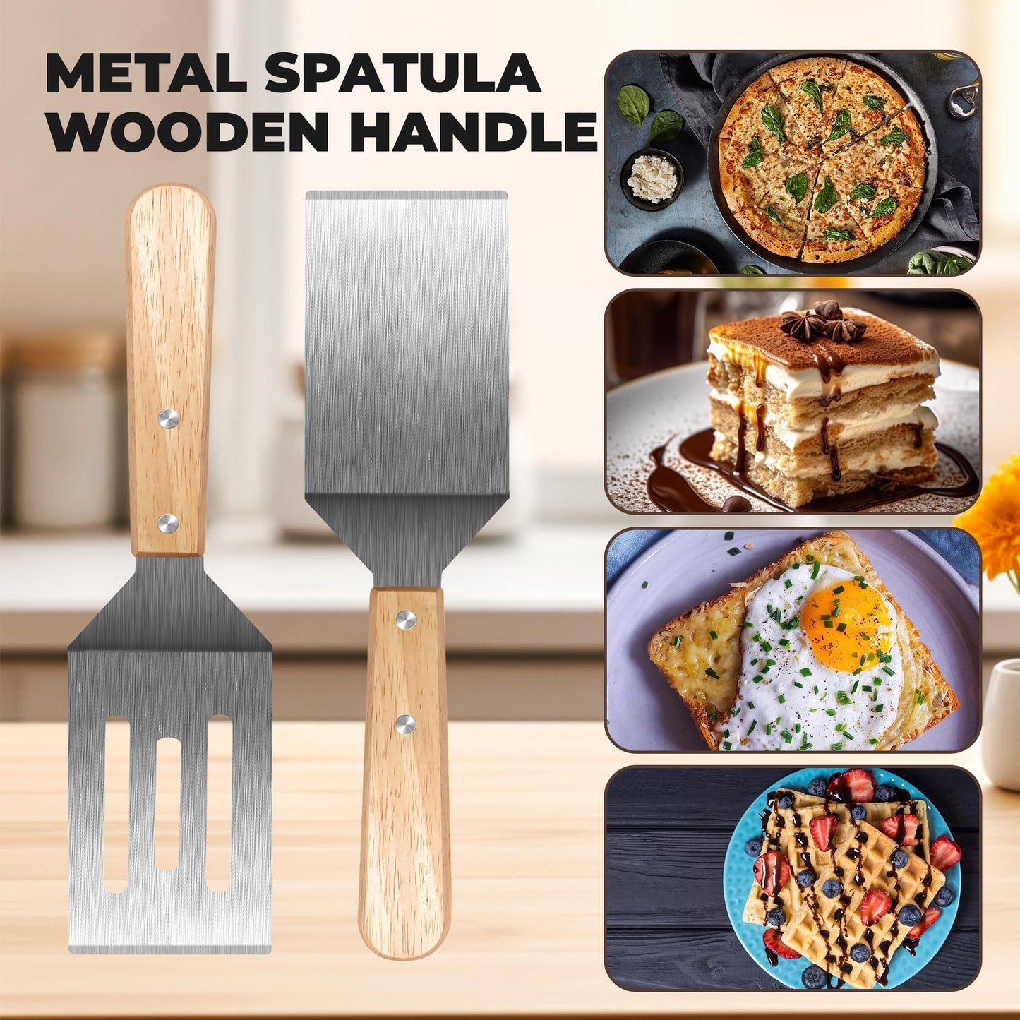 Stainless Steel Spatula Set, 2 Pieces Metal Spatula for Cast Iron Skillet, Metal Spatulas for Kitchen Use with Wooden Handle, Ideal for Frying Steak, Pancake, Cookie, Burger, Brownie or Desserts