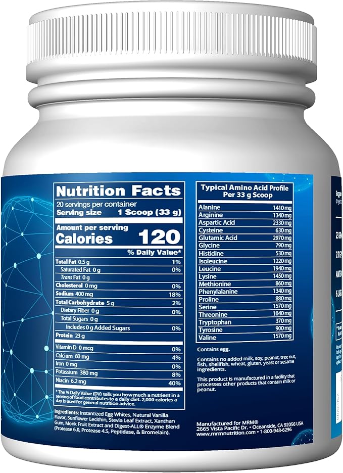 MRM Nutrition Egg White Protein | Vanilla Flavored | 23g Fat-Free Protein | with Digestive enzymes | Highest Biological Value | Clinically Tested | 20 Servings