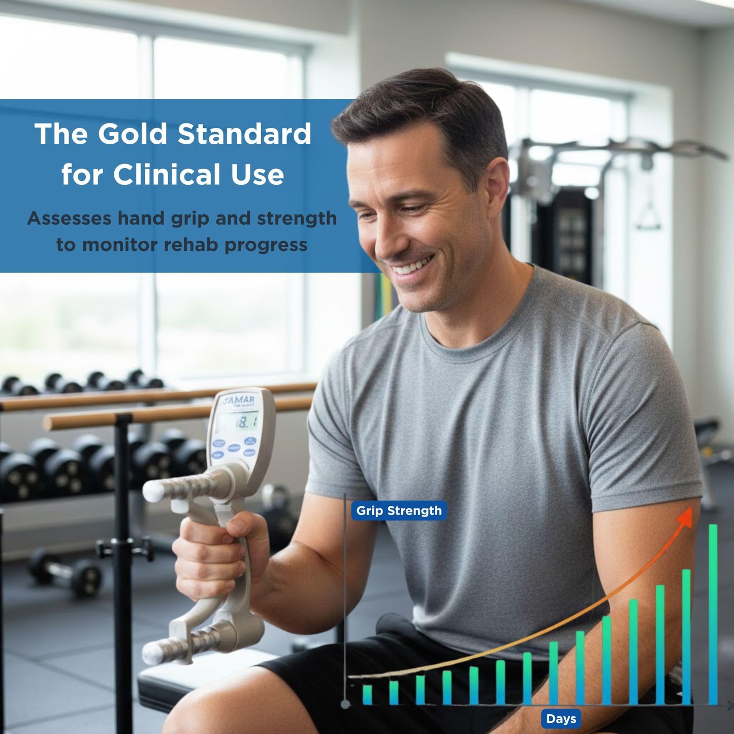 Jamar Smart Hand Dynamometer, Digital Lightweight Max Force Indicator to Measure Hand & Grip Strength, Cordless Device with Wireless Connection to Mobile App, Easy Squeeze Adjustable Evaluation Tool