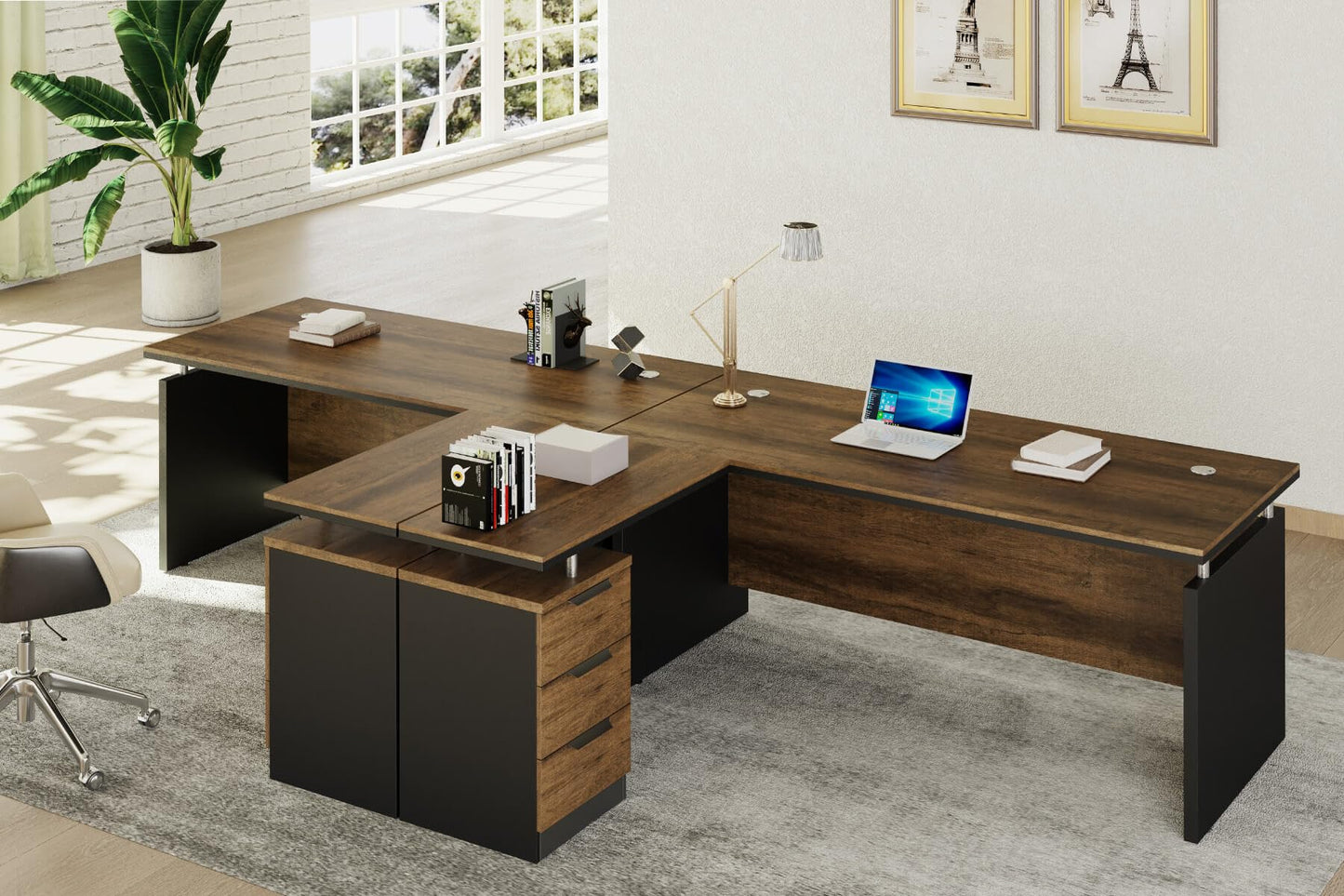 63 Inch L-Shaped Executive Desk Set of 2, Industrial Modern Wood Office Desk with 3 Drawers, Built-in Cable Management & Power Outlet, Real Wood Finish, Reversible Left/Right Return Home Workstation