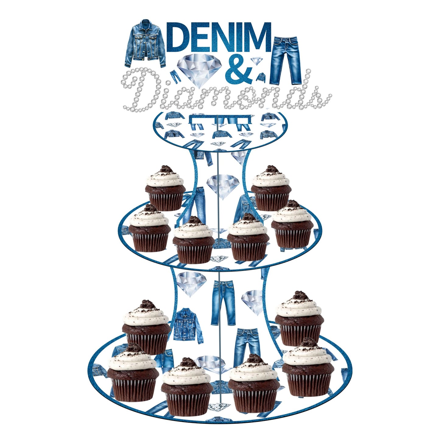 umoni Denim and Diamonds Cupcake Stand 3-Tier Denim Jean Cupcake Holder Denim Themed Party Dessert Tower for Crystal Diamonds Party Supplies