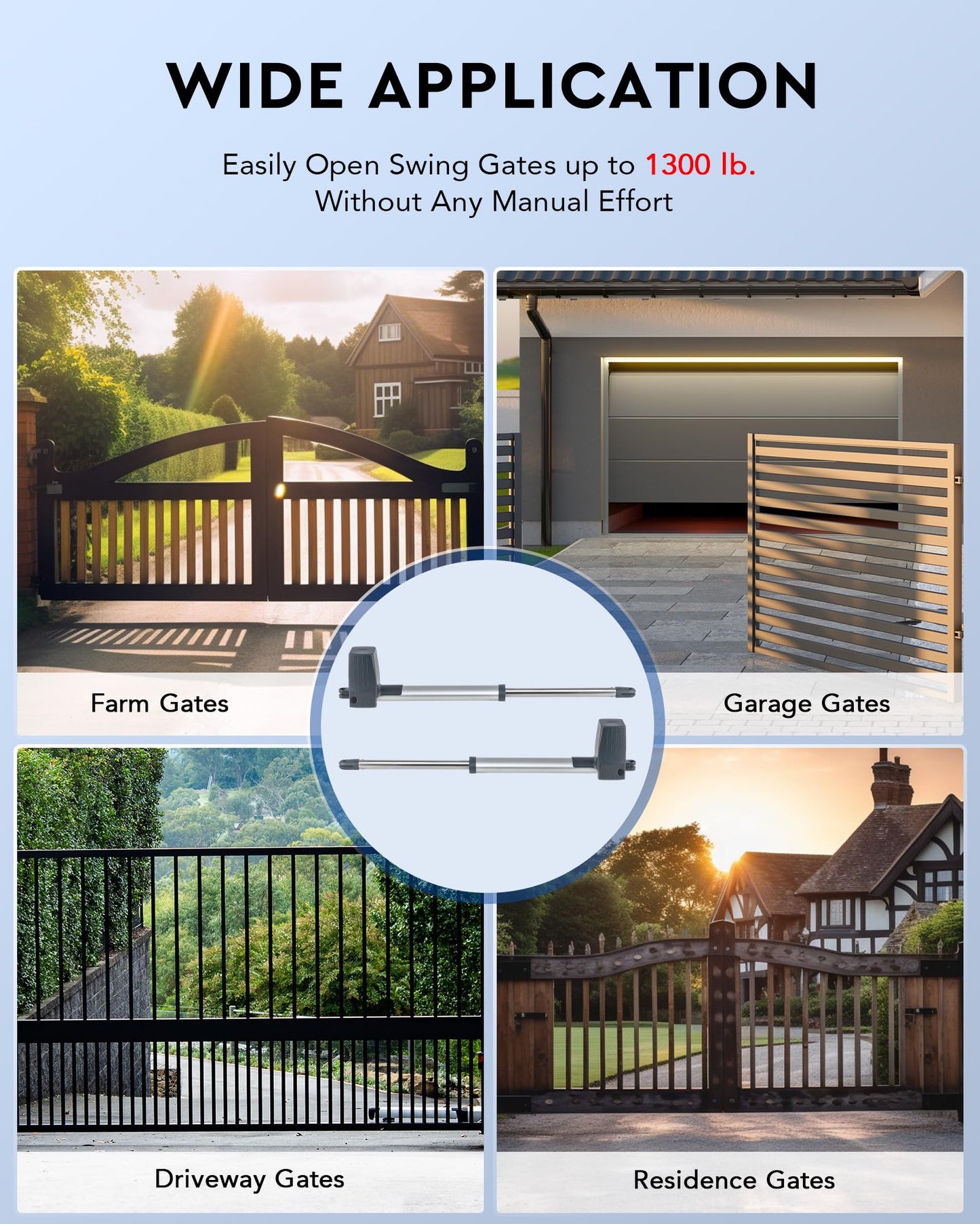 CO-Z ADSW4 Automatic Gate Opener Kit, Dual Swing Gate Openers for Doors up to 1300lb 20ft, Electric Driveway Gate Openers with Remote Kit Infrared Sensors Equipped Solar Battery Charging Compatible