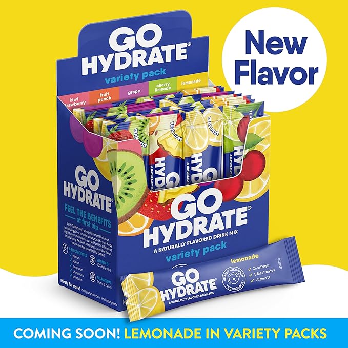 GoHydrate Instant Hydration Powder Packets - Low Sodium Electrolytes Drink Mix - Natural Hydration Support, Sugar Free Electrolyte Flavored Powder Drink with Vitamin D, 30 Packs, Variety Pack