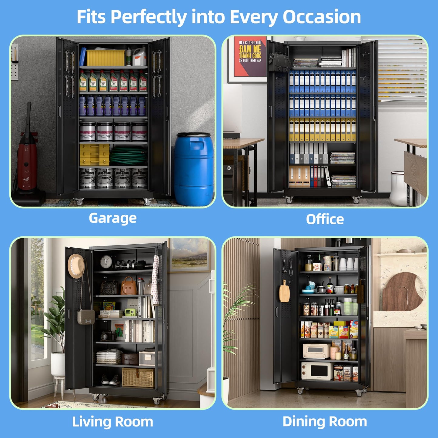 Reemoon Metal Storage Cabinet with Wheels and Pegboard, 71" Tall Garage Storage Cabinet with 5 Adjustable Shelves and Locking Doors, Heavy Duty Steel Utility Cabinet for Office