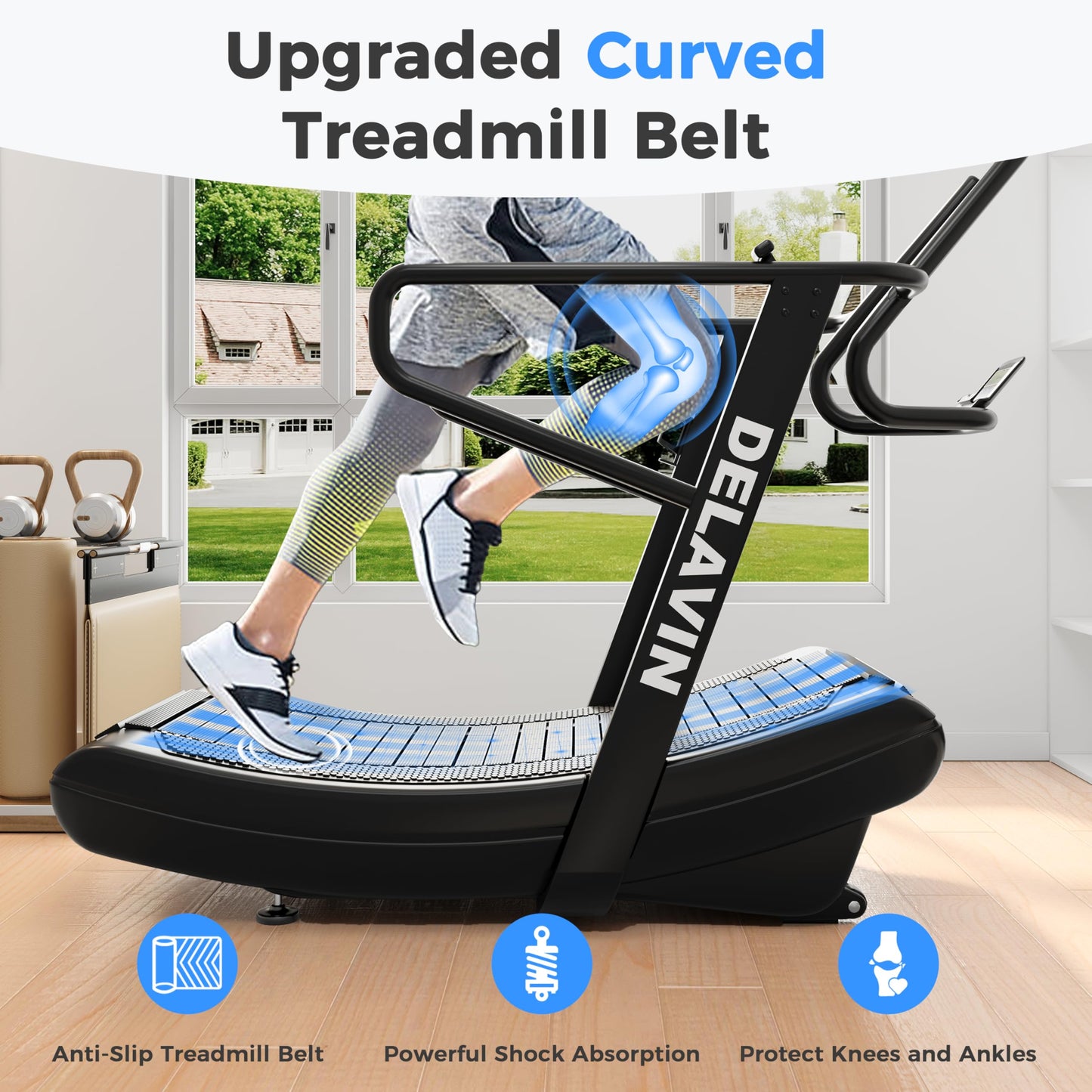 DELAVIN Curved Manual Treadmill, Non Electric Treadmill with 4 Resistance Levels, Motorless Treadmills with Front Digital Display and Handlebar, Wide Belt Treadmills 440LBS Capacity for Home Gym(FBA)