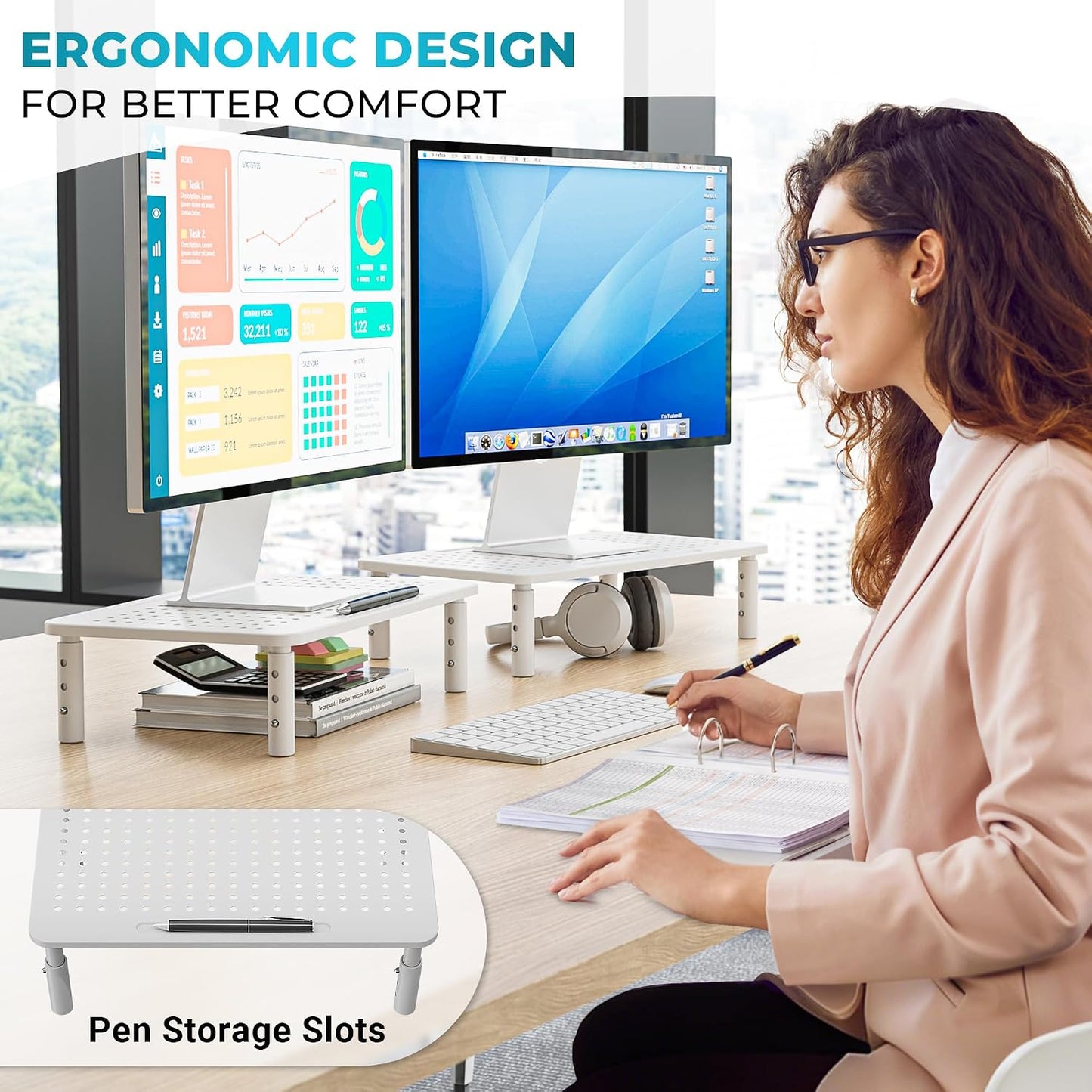 2 Pack 14.5 9.1, BONTEC Monitor Stand Height Adjustable Metal Riser with Pen Holder, White, x Ergonomic Desktop Stand