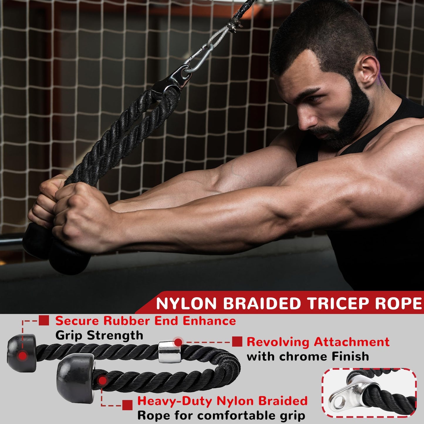 Fitvids Cable Machine Attachment – Tricep LAT Pull Down Cable Attachment for Gym – 4-Piece Set-Black – Black