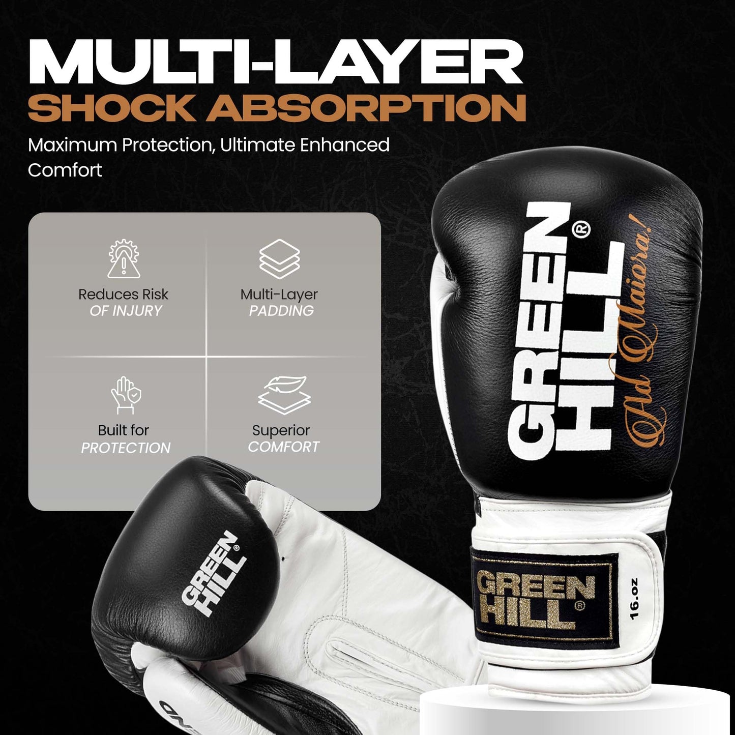 Green Hill Legend Boxing Gloves – Professional Leather Training & Sparring Gloves for MMA, Muay Thai & Kickboxing –Wrist Support, Breathable Design - Black/White 16oz