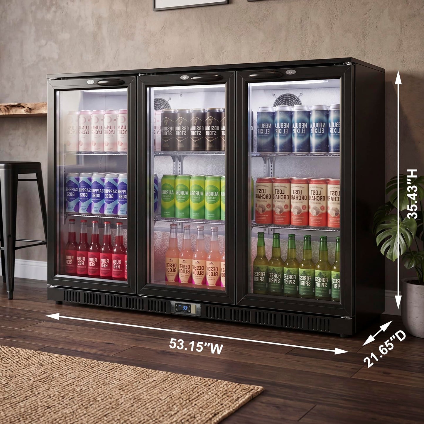 53.15" W Commercial Under Counter Beverage Refrigerator, 3 Glass Door Back Bar Cooler, Built-in/Freestanding 12Cuft Drink Fridge with LED Light, Auto Defrost, Low-E Glass & Safety Lock, Rebound door