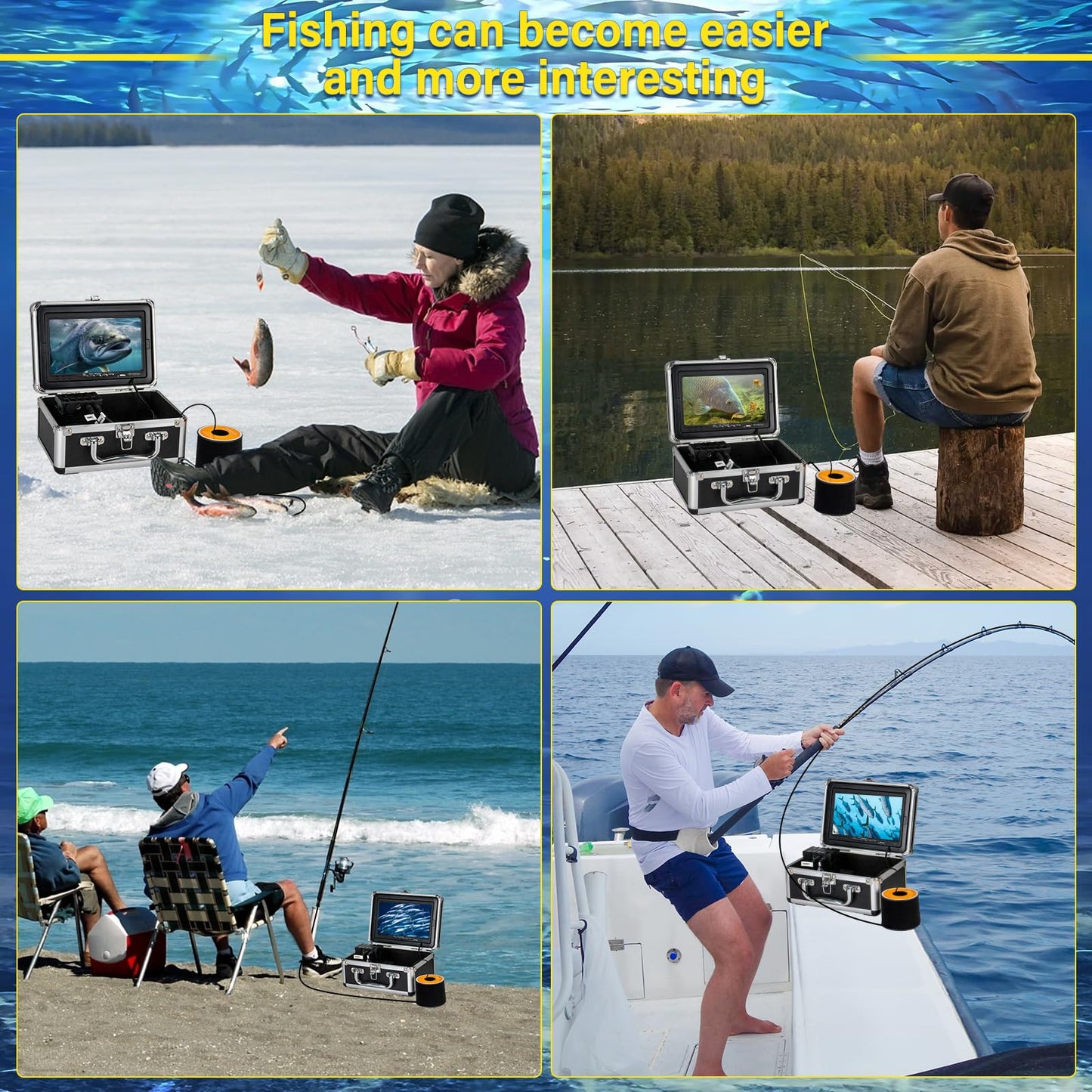 HD Underwater Fishing Camera 98FT,with 18 White+18 IR Lights,7'' 1080P DVR Monitor,Waterproof IP68 JQKJCAM Underwater Fish Finder Camera for Fishing/Deep Water Well Inspection (30M Easy to Use)
