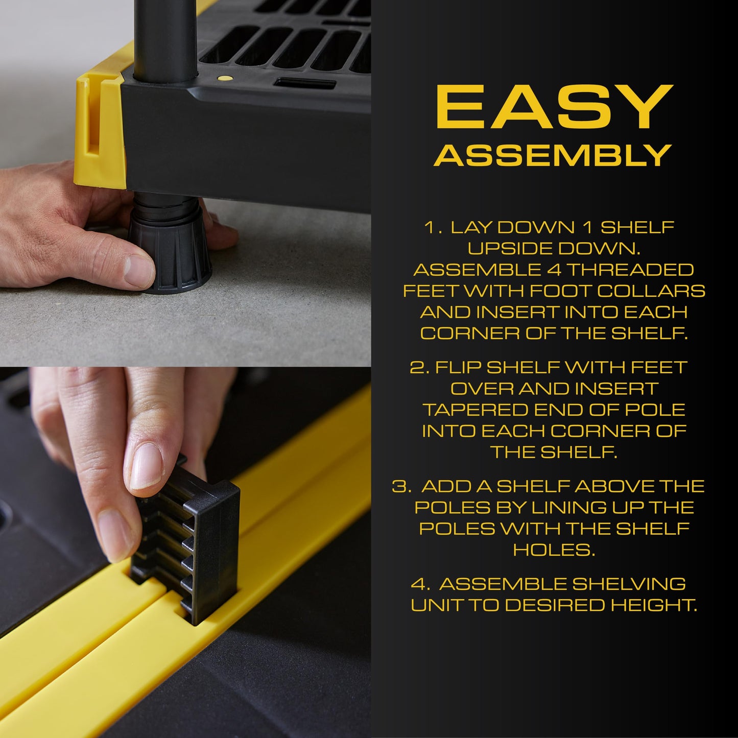 CX Black & Yellow, 4-Tier Heavy Duty Plastic Storage Shelves that Support up to 200lbs/shelf, Organization and Storage, Weather-Resistant Design, Easy Assembly (55"H x 48"W x 20"D)