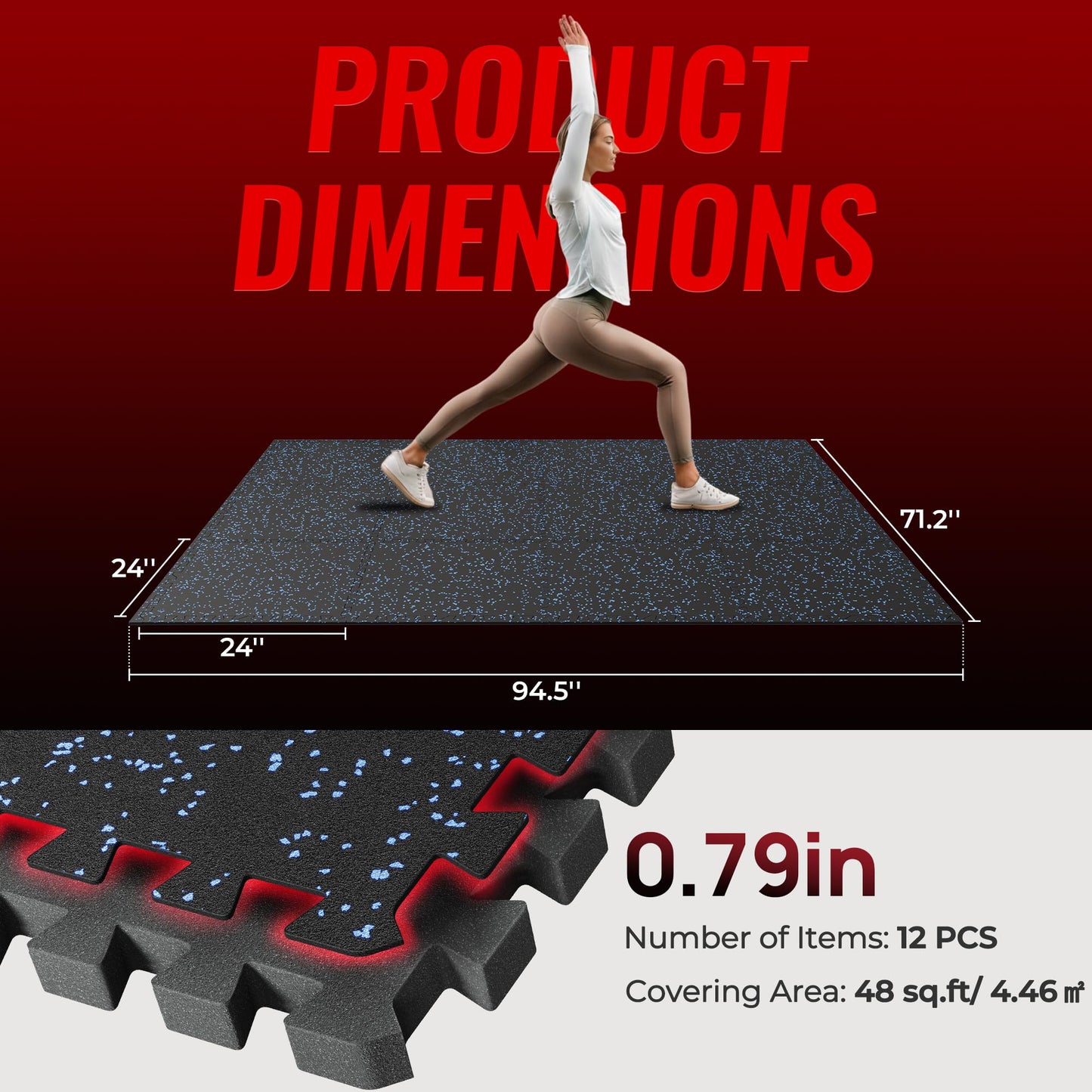 SUPERJARE 0.79'' Extra-Thick Exercise Equipment Mats, 12 Pcs 48 Sq Ft Rubber Top Floor Tiles with High Density EVA Foam, Interlocking Gym Flooring for Home Gym, Workout Mat, Black/Blue