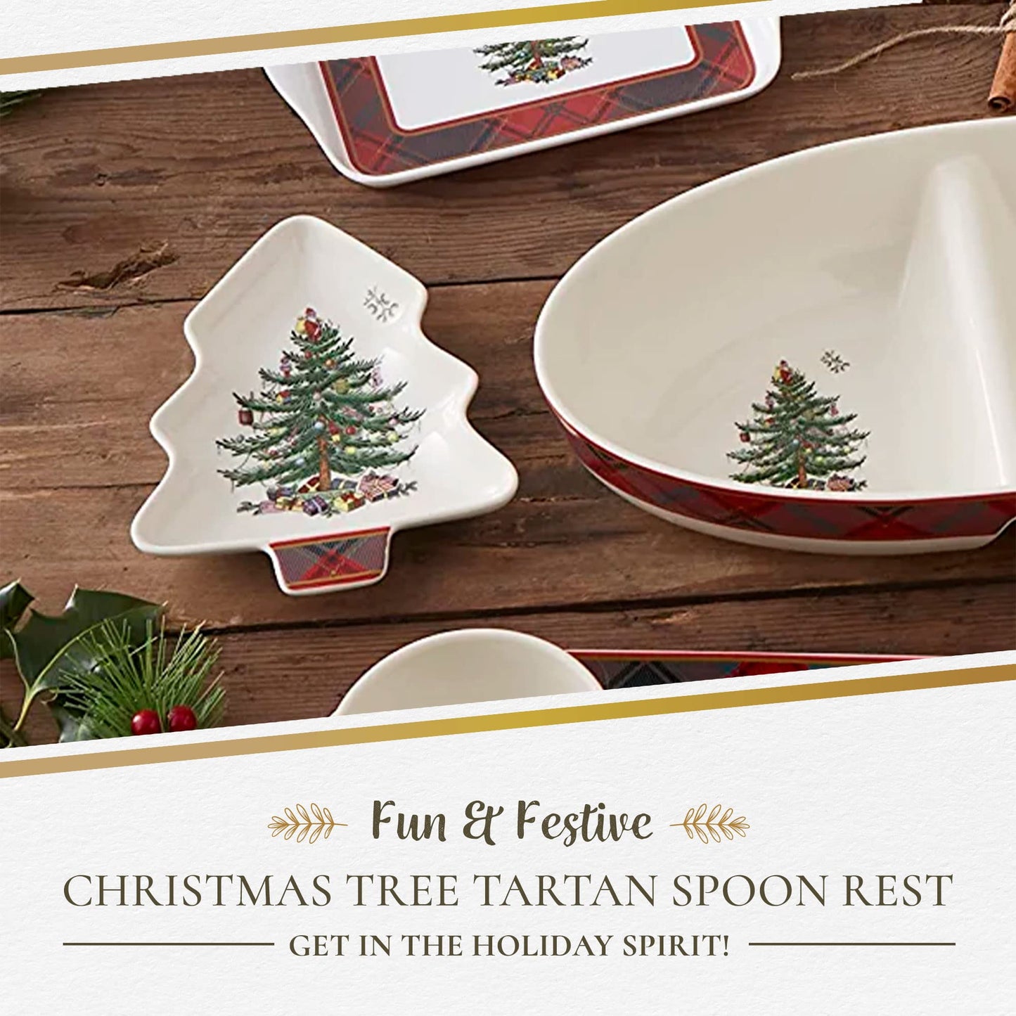 Spode Christmas Tree Tartan Spoon Rest, 7-Inch Tree-Shaped Holiday Utensil Holder, Festive Porcelain Spatula & Ladle Rest, Christmas Kitchen Counter Décor, Dishwasher & Microwave Safe - Hostess Gift