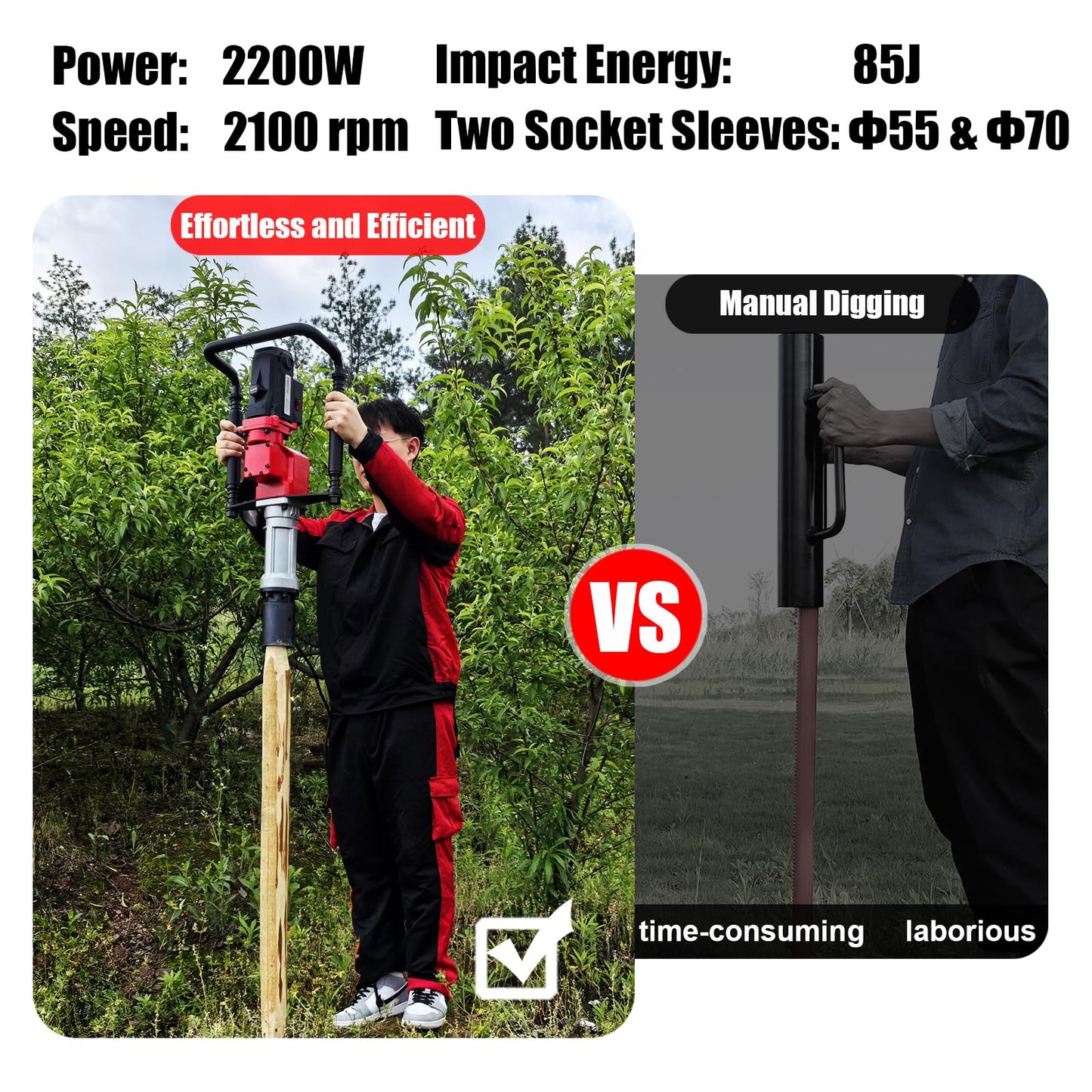 Electric Pile Driver Hammer 2200W Electric T Post Driver, 110V Handheld Pile Driver, 2100 BPM Sufficient Power, Ideal for Fence Post Construction Site, Farm Fences, Forestry Seedlings