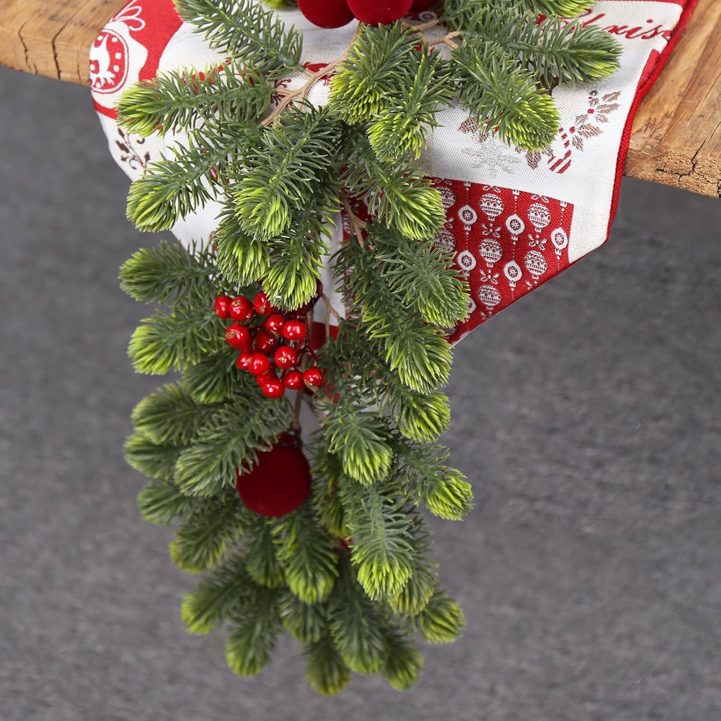 SY Super Bang 6FT Christmas Garland - Artificial Green Decor with Velvet Balls & Red Berries for Holiday Cheer