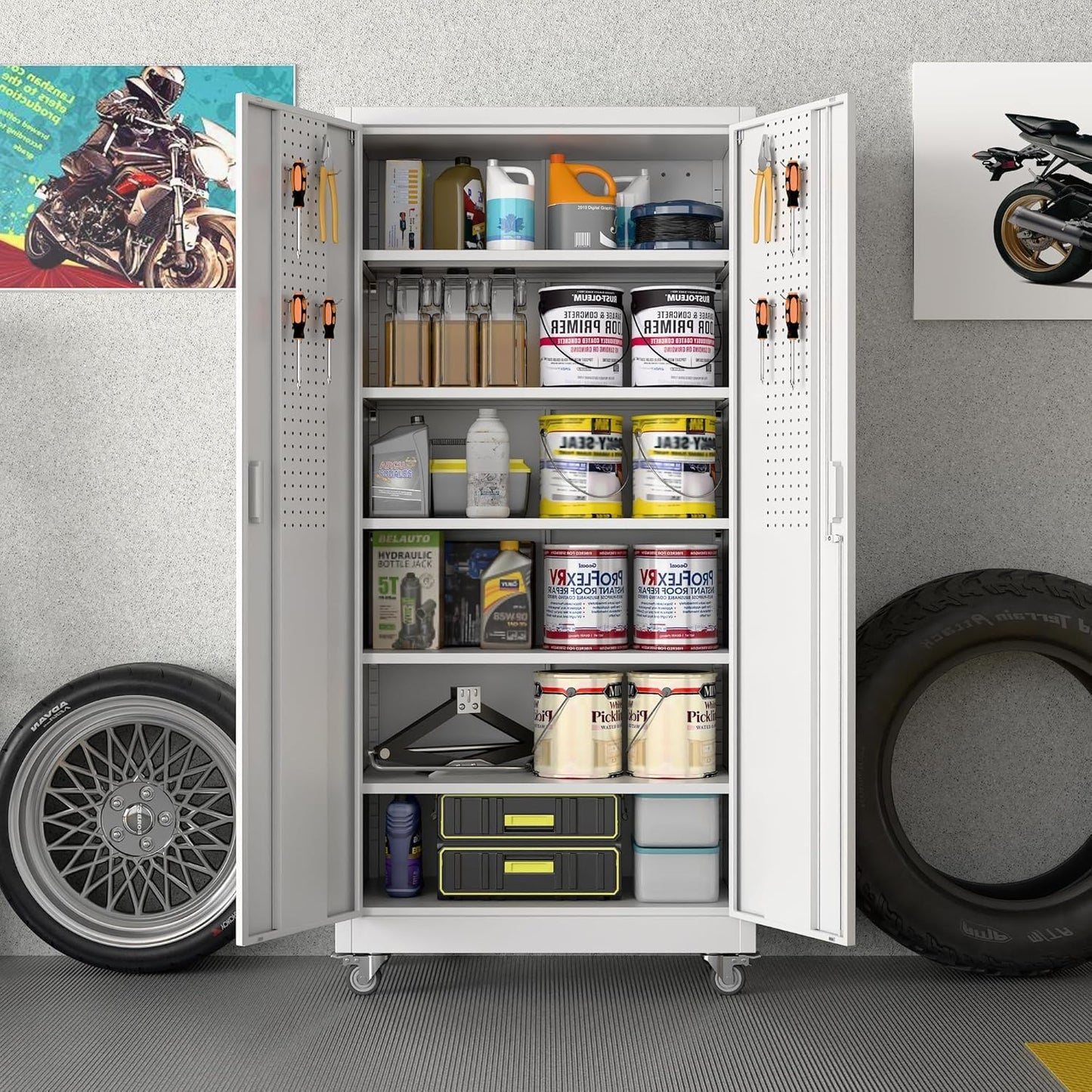 Reemoon 71" Tall Metal Garage Storage Cabinet with Wheels and Pegboard, Rolling Steel Cabinet with 5 Adjustable Shelves and Locking Doors for Garage Home Office Storage, White, Assembly Required