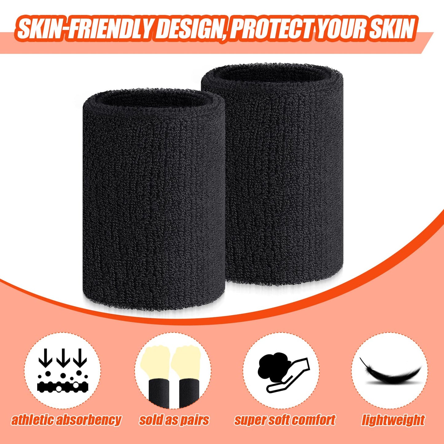 Wettarn 6 Pcs 4 Inch Cotton Elastic Wrist Bands for Sports, Gymnastics, Tennis, Football, Hiking, Cycling, Running (Black, about 4 x 3.15 inches, 10 x 8 cm)