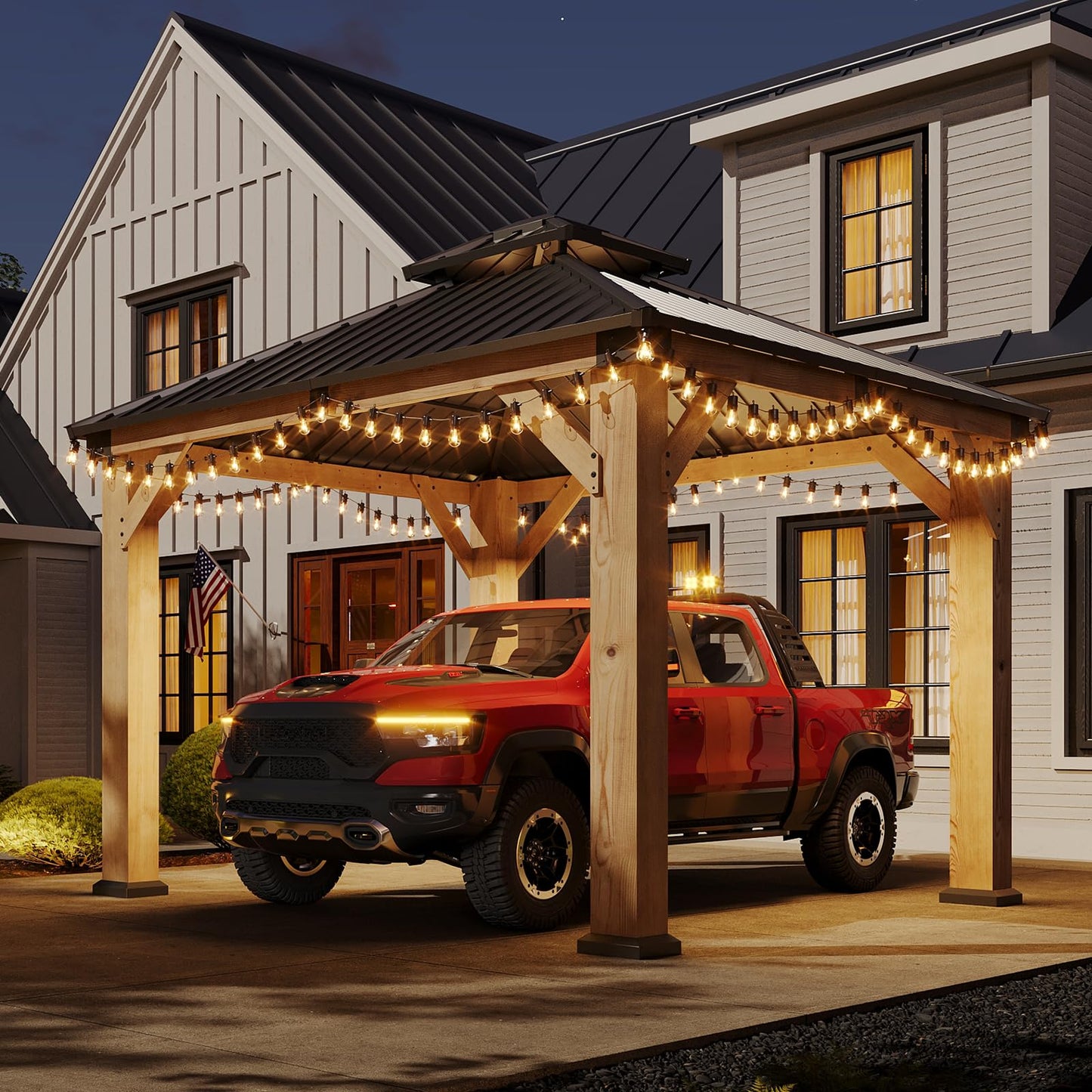 Aoxun 10' x 10' Outdoor Cedar Wood Hardtop Carport, Heavy Duty Gazebo with Double Galvanized Steel Roof, All-Weather Wind & Snow Resistant Permanent Pavilion for 2 Cars, Boat, Patio, Backyard