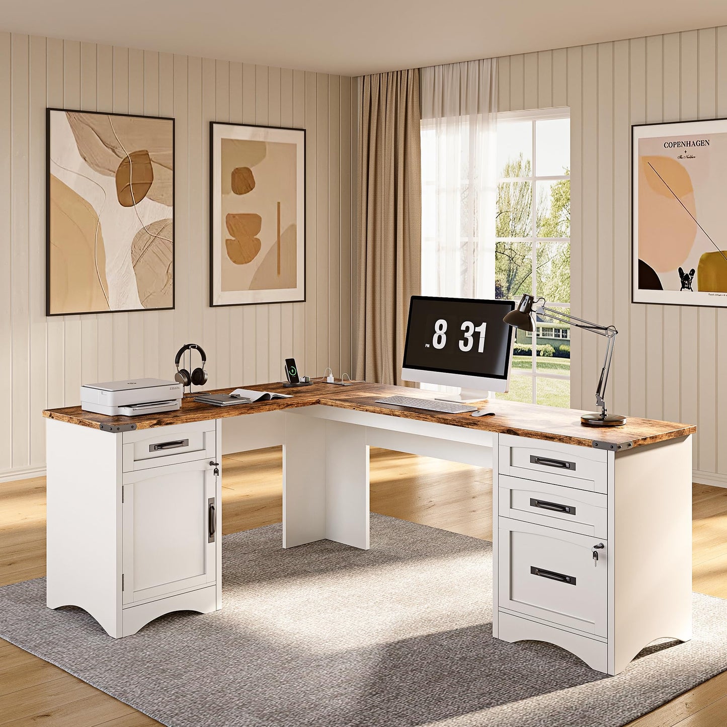 Decofy L Shaped Farmhouse Executive Desk with Drawers, 67" Home Office Desks with Fast Charging Station, Lockable File Cabinet, Wood Writing Computer Desk for Work, Study, White