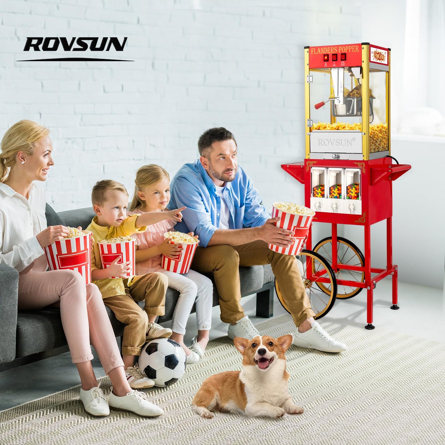 ROVSUN Popcorn Machine Cart with Candy Dispenser, 8 Oz Kettle Makes Up to 32 Cups ETL, Popcorn Maker w/Scoop, Oil Spoon, Bags & Cups, Movie Theater Style Popper for Commercial Home Party, Red
