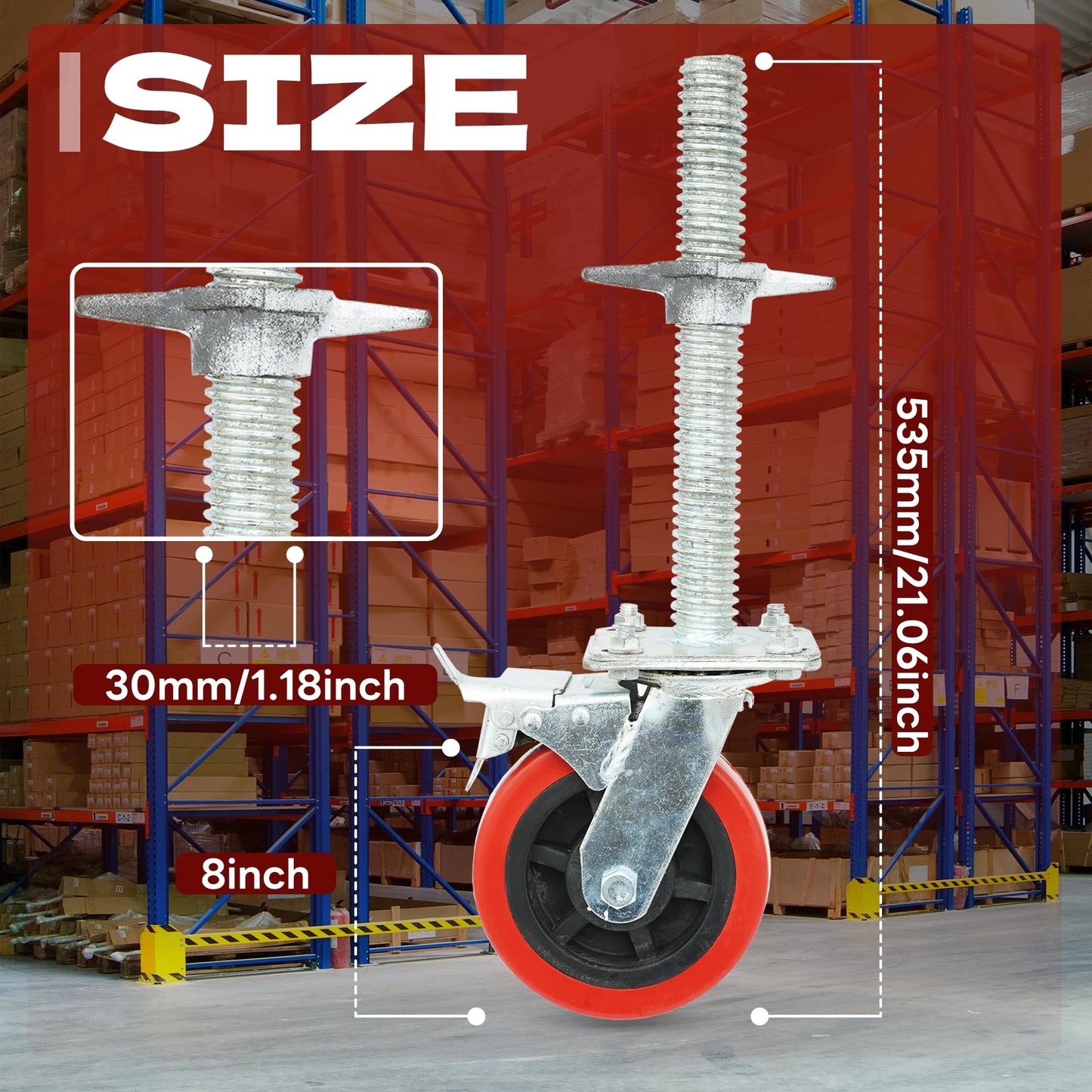 8 inch Scaffolding Caster Wheels with Brake 4 Pack 1-1/4" OD Scaffold Screw, 21" Hight Screw Adjustable Leveling Scaffolding Wheels