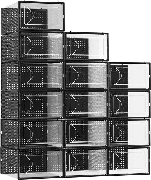 Foluck Shoe Storage Box - 15 Pack Clear Plastic Stackable Organizer for Sneakers | Interlocking Design, Black